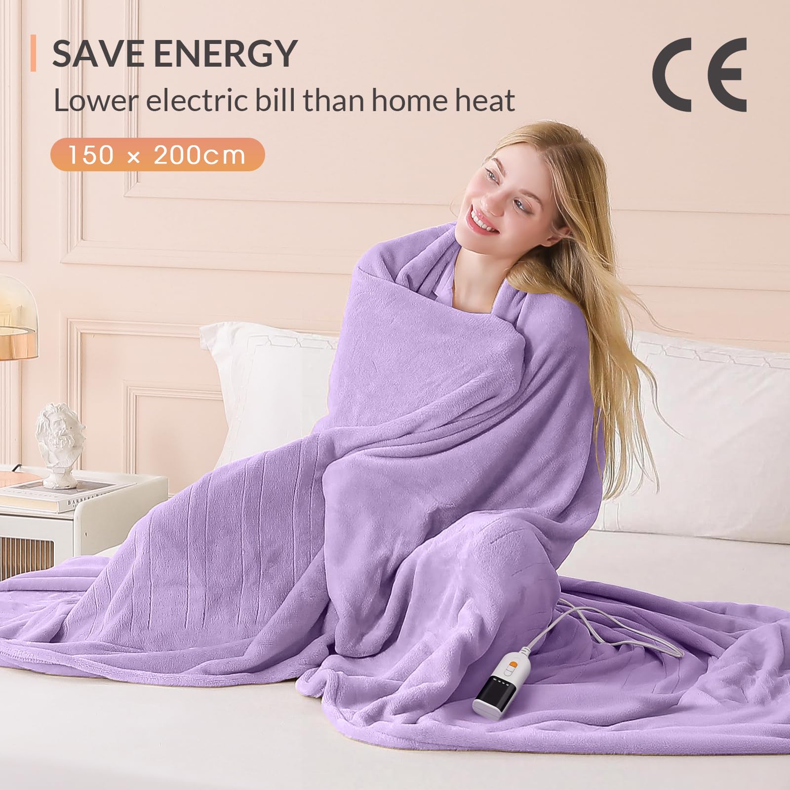 HOMLYNS Coperta riscaldata, 9 impostazioni di calore, timer 10 ore, viola | 200 × 150 cm, certificato UKCA, morbida flanella sherpa, costruita per divano, letto e ufficio, corda da 220 cm