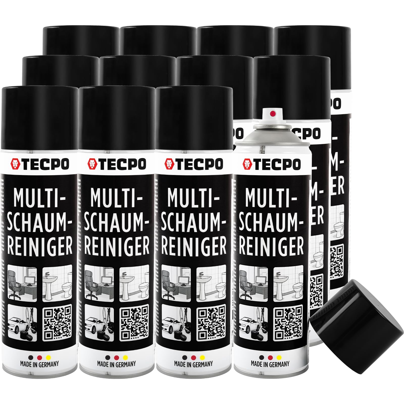 TECPO Lot de 12 nettoyants multi-mousses, 500 ml, nettoyant actif pour intérieur, plastique, vitres, coussins, verre, métal