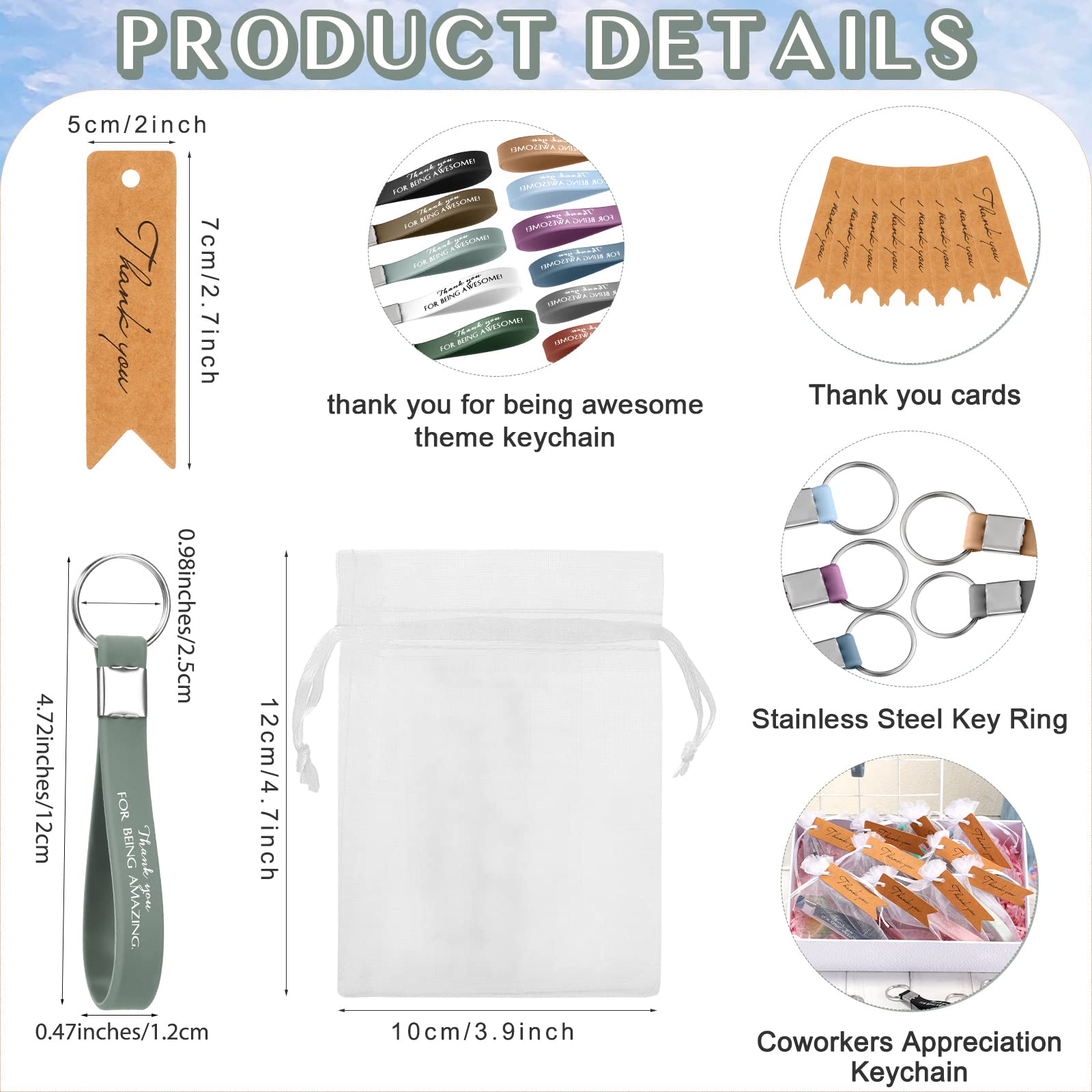 Yinkin 100 Sets Thank You Gifts Bulk Nurse Appreciation Gifts Thank You for Being Awesome Silicone Keychains with Tag Organza Bag for Office Teacher Volunteer Lady Coworker Employee