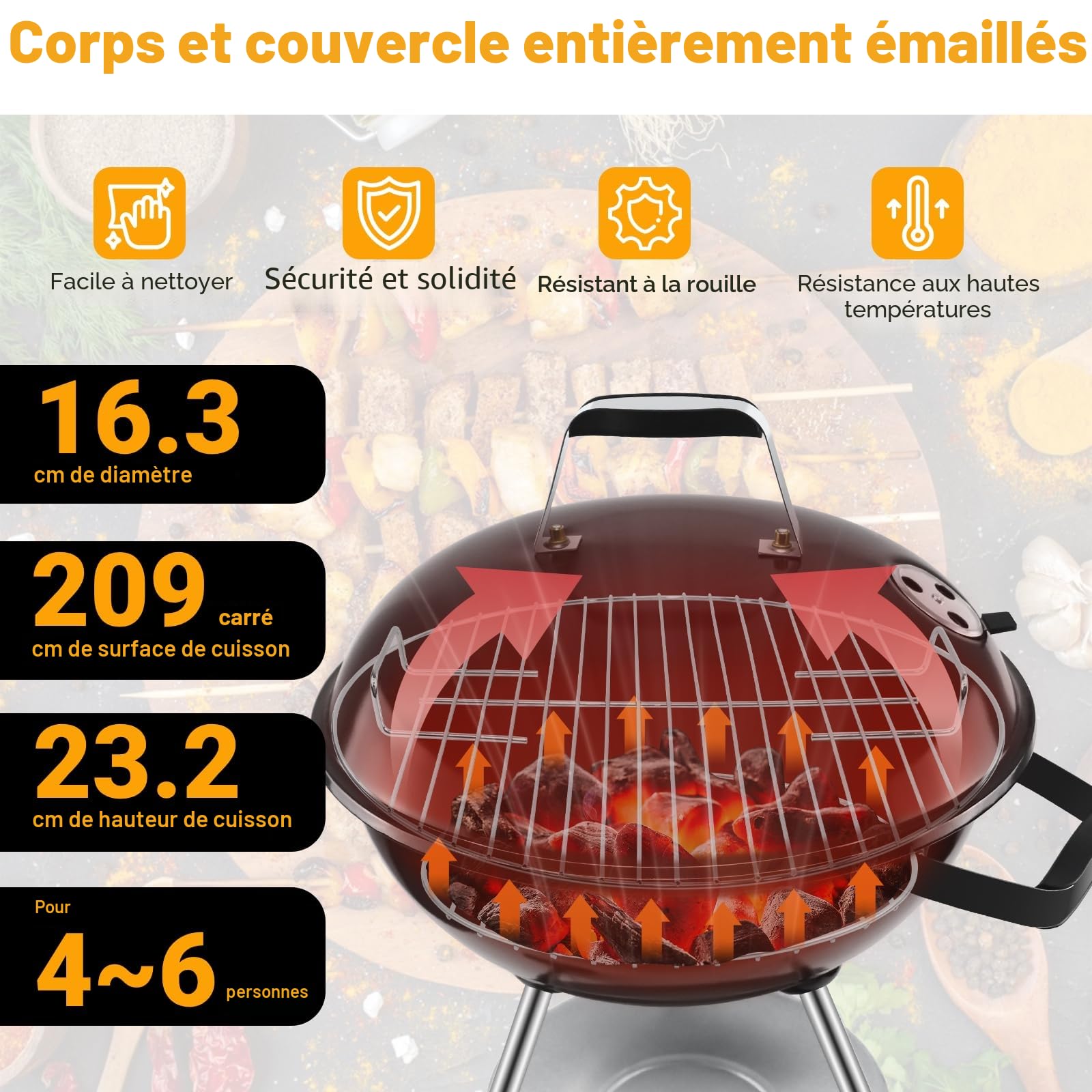 Barbecue Charbon Rond avec Couvercle et Roues BBQ Portable Grill Jardin Camping Balcon Taille moyenne