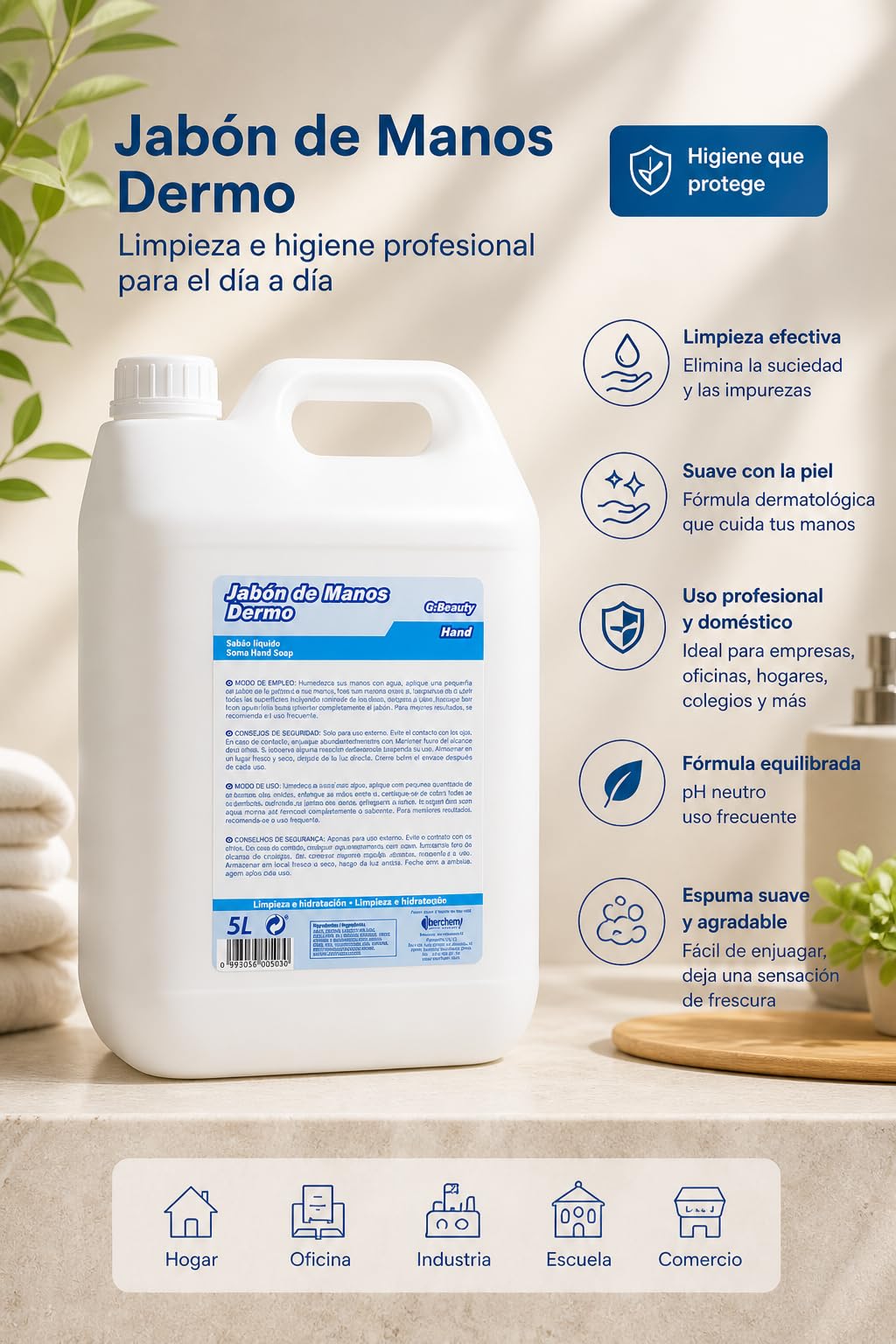 Gel de Manos Glossy Hand Dermo 5L – Higiene y Lavado de Manos Todo Tipo de Pieles – Efecto Limpiador y Desodorizante – Garrafa Industrial para Hotel, Vestuario y Uso Profesional