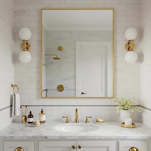 Miniatura 221 de Espejo de baño dorado naranja de 30 x 30 pulgadas para pared, espejo rectangular rectangular con marco de aluminio, moderno grande para dormitorio