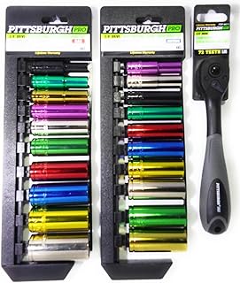 SAE/METRIC Deep Wall Color Coded Socket Sets With Composite Ratchet BUNDLE (3/8