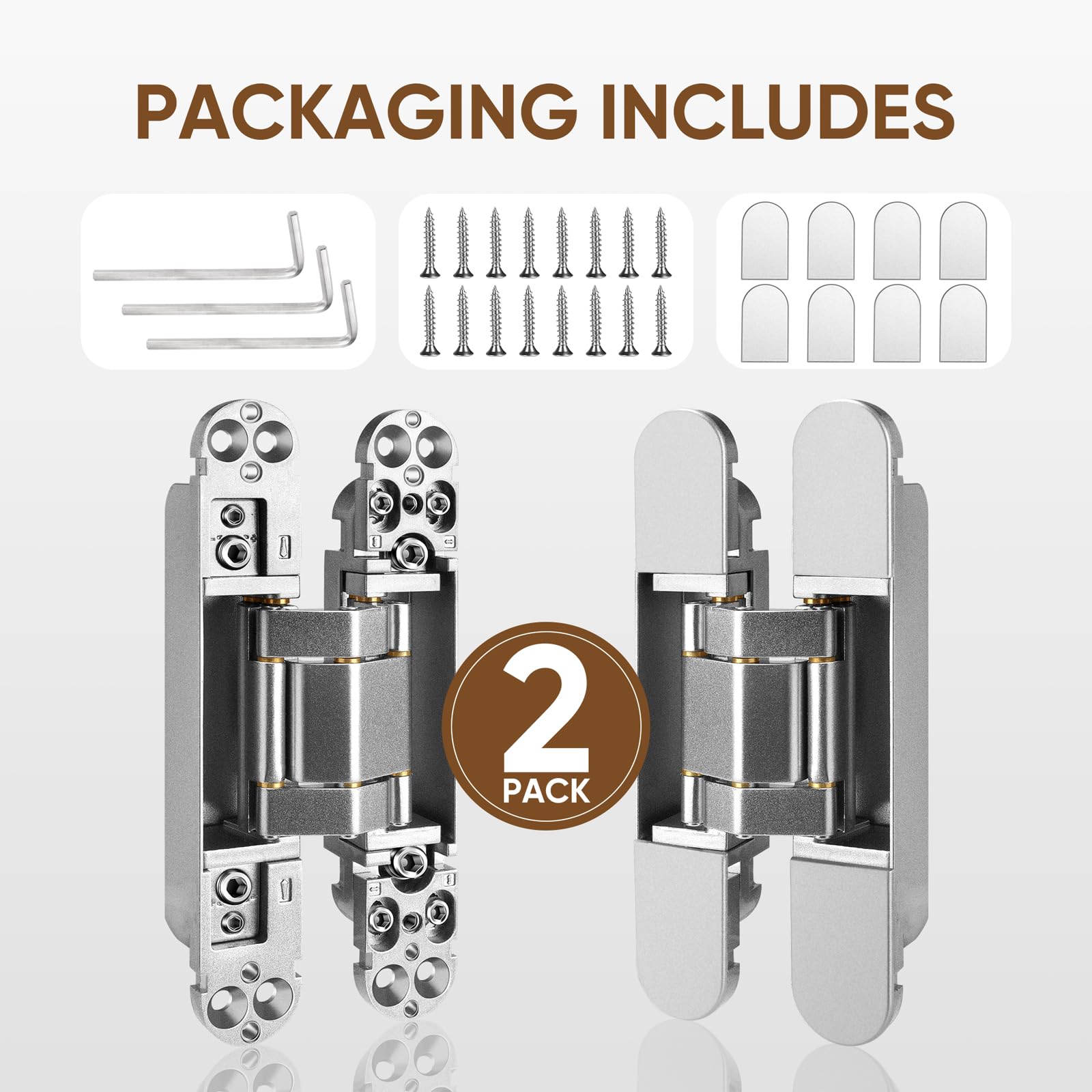 Bisagras de puerta ocultas de 6 pulgadas (2 piezas) – Bisagras de puerta invisibles ajustables de 3 vías, bisagras ocultas resistentes con giro de 180 grados (carga de hasta 88 libras)