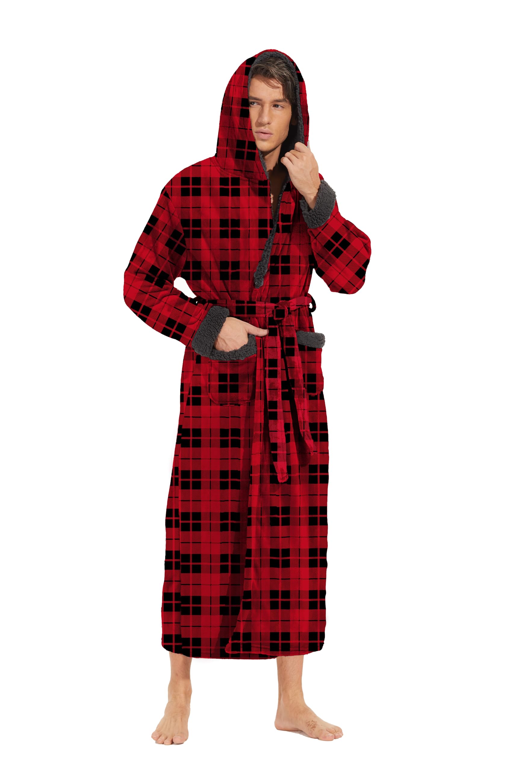 iniber Mens Hooded Robe Soft Lightweight Plush Robes for Men Warm Long Fleece Mens Bathrobe with Pockets