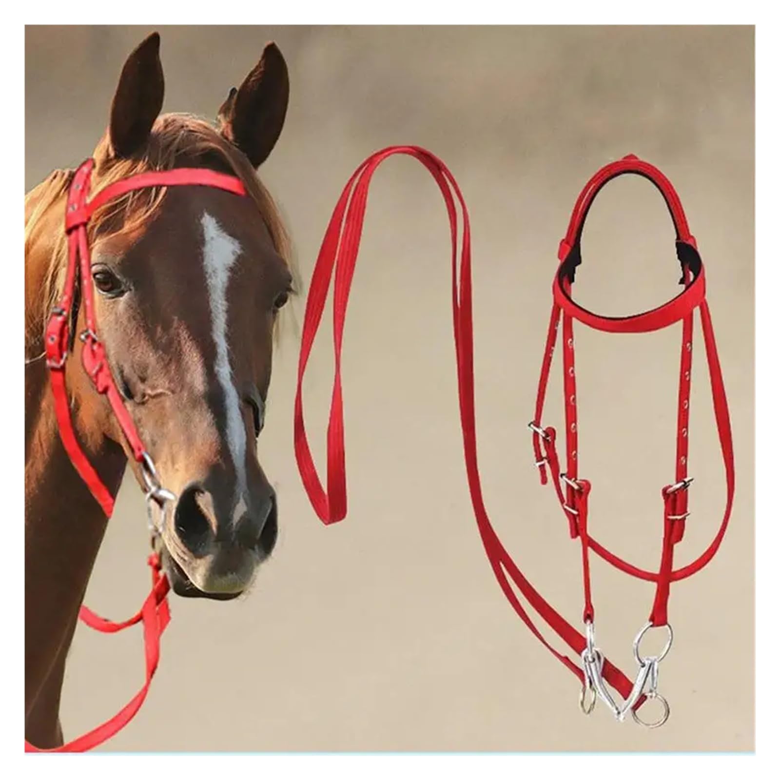 Halfter und Trense für Pferde aus Nylon, verstellbar, robustes Halfter mit Metallschnallen zum Reiten und Stall (Red55*15)