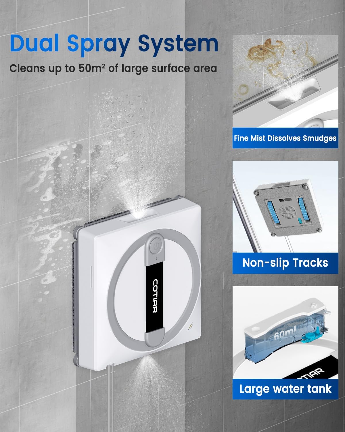 Window Cleaning Robot, Automatic Window Cleaner with Remote Control, 6 Cleaning Modes, Edge Detection, Anti-Fall Safety System, for High-Rise Windows, Glass Doors, Mirrors, Tiles (White)