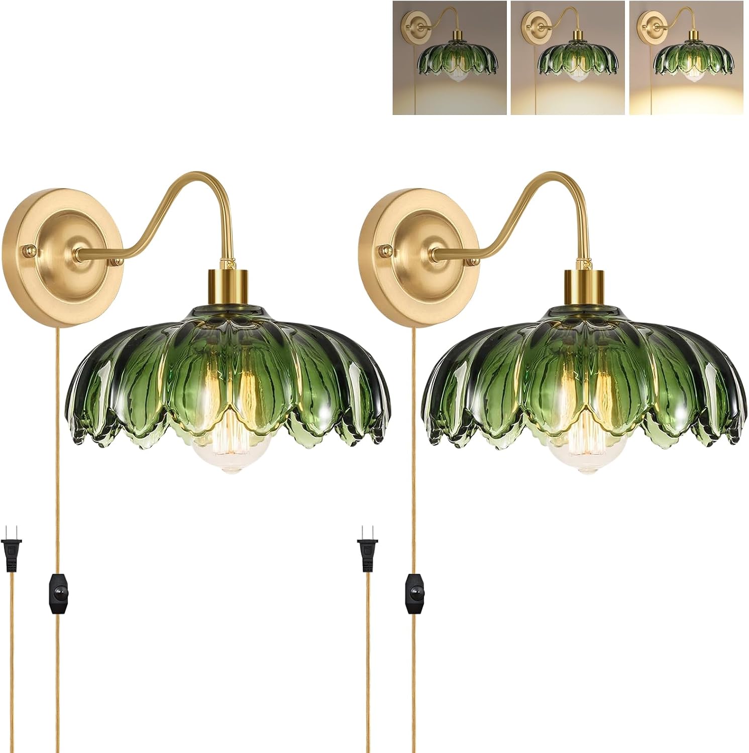 Vintage Plug in Wall Sconces Set of Two,Dimmable Wall Sconces Lamp with Plug in Cord & Flower Glass Lampshade,Gold Sconces Wall Decor Set of 2 Plug in Wall Lights Sconces for Bedroom