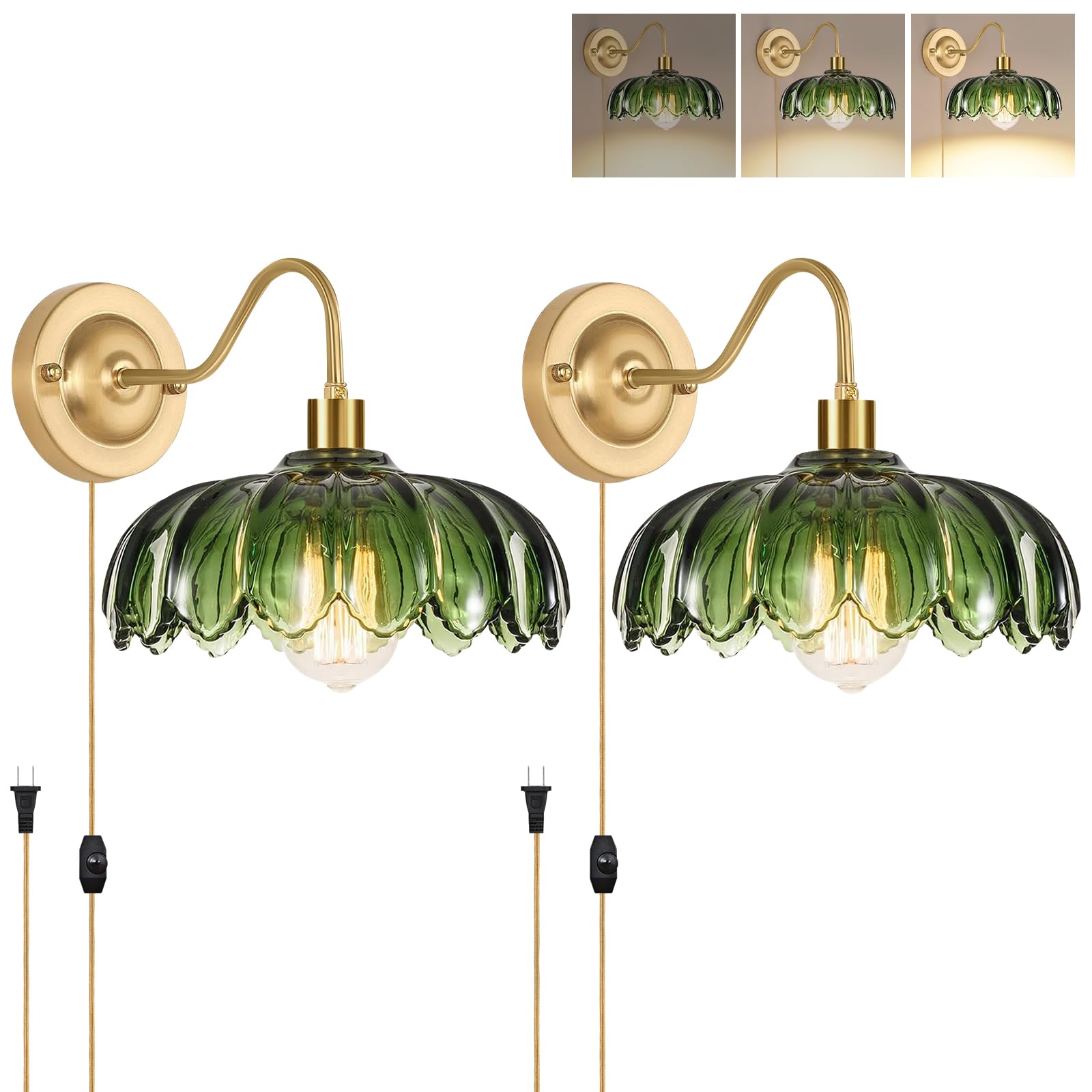 Photo 1 of ZECOXOL Vintage Plug in Wall Sconces Set of Two,Dimmable Wall Sconces Lamp with Plug in Cord & Flower Glass Lampshade,Gold Sconces Wall Decor Set of 2 Plug in Wall Lights Sconces for Bedroom