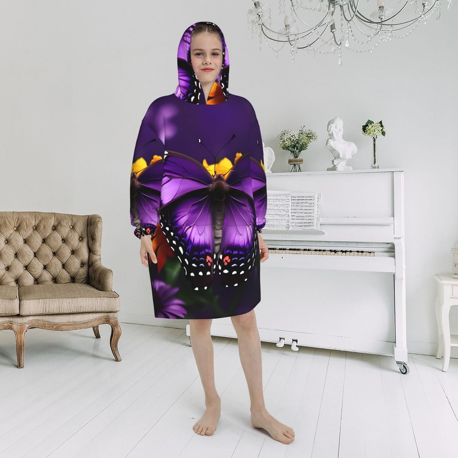Purple Butterfly And Flower Print Oversized Blanket Hoodie, Wearable Blanket Hooded,Hooded Pullover With Pocket