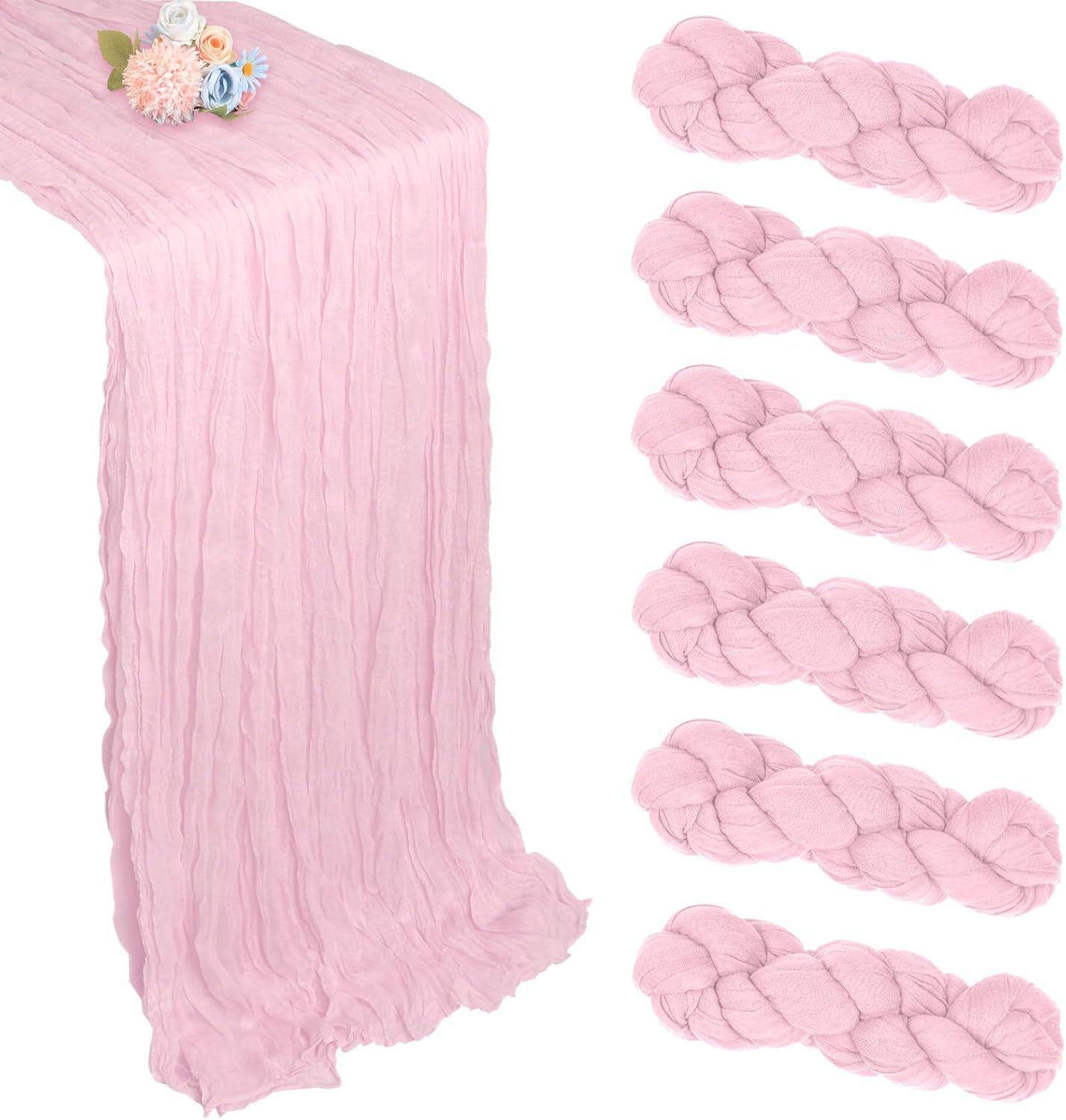 6 Pack Pink Table Runner 10ft Boho Gauze Fabric Cheesecloth Table Runner 35 x 120 Inch Rustic Sheer Runner for Romantic Wedding Centerpiece Decor Baby Shower Party Table Decoration Pink 6 Pcs - 10Ft
