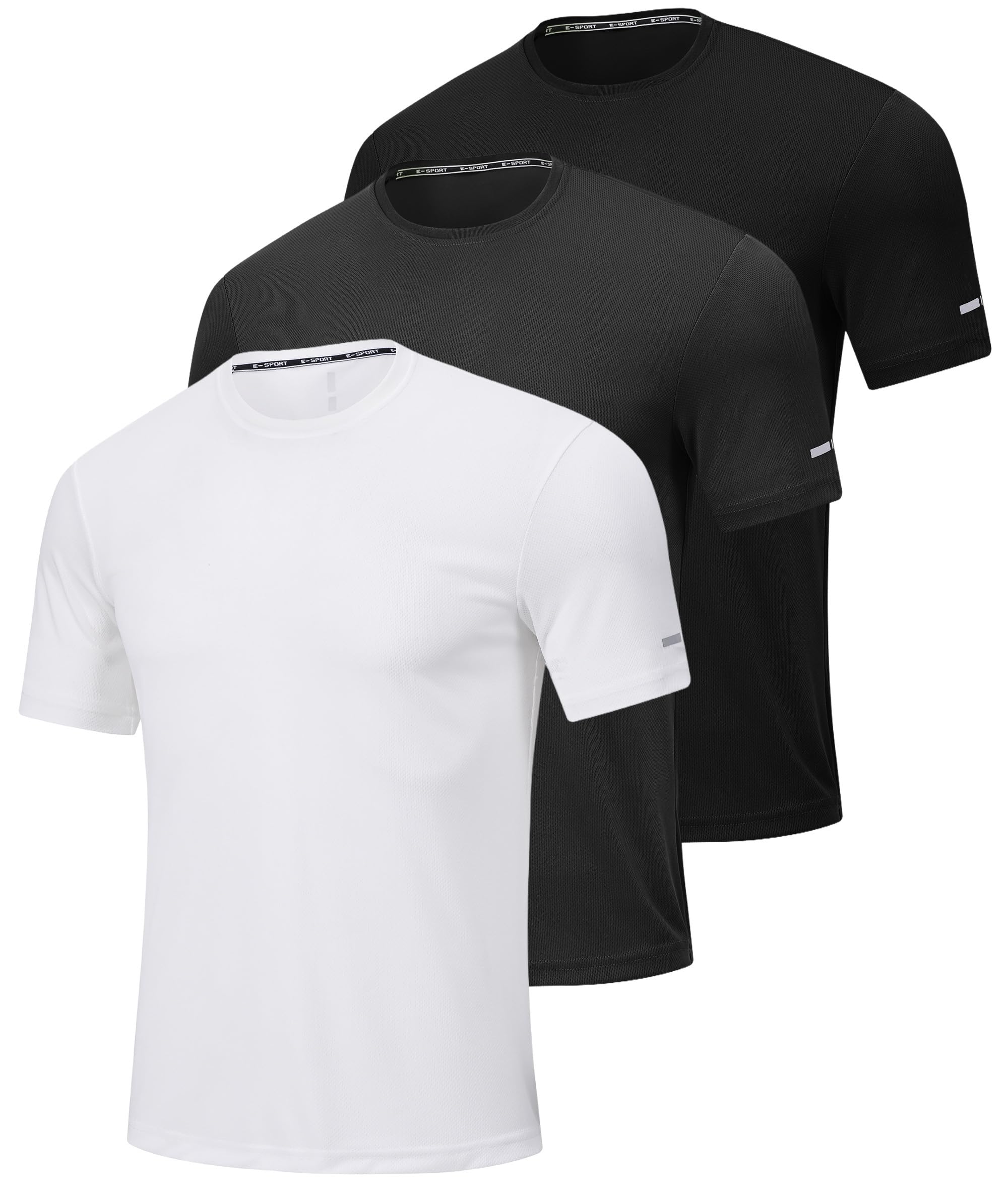 Mens Sport T Shirts Quick Dry Fitness Gym Workout Tshirts for Men 3 Pack Breathable Polyester Tennis Running Tops 3XL Black+Grey+White