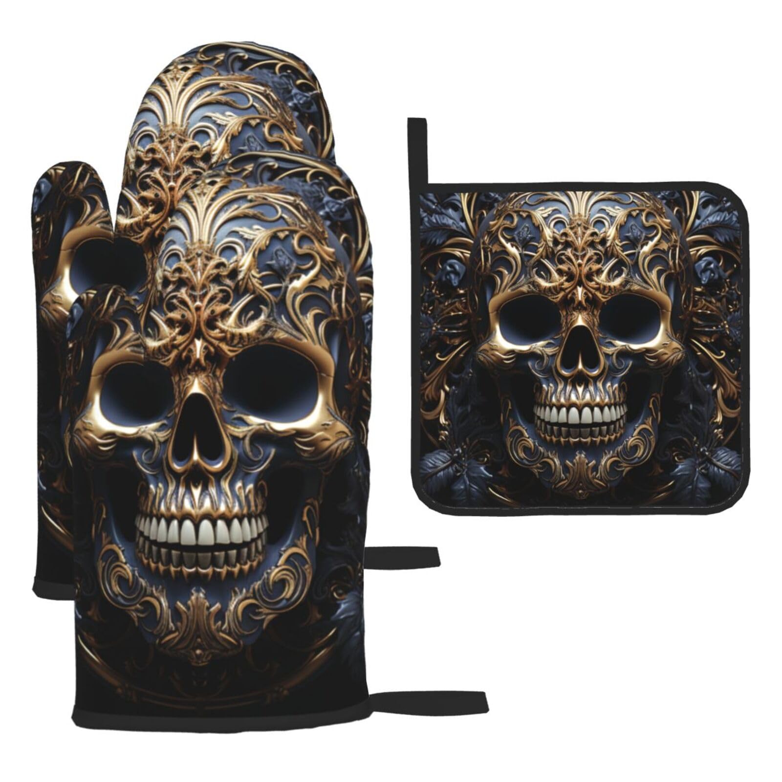Oven Mitts and Pot Holders Sets of 3 Heat Resistant Kitchen Gloves Skulls Oven Mitts BBQ Gloves Oven Gloves and Hot Pads Non-Slip Potholders for Kitchen Baking Cooking