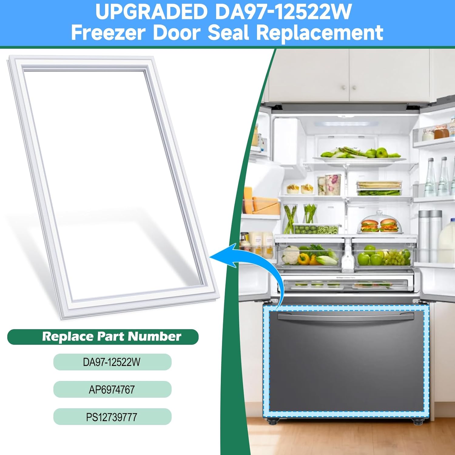 UPGRADED DA97-12522W Freezer Door Gasket Replacement Compatible with Samsung Refrigerator Parts Freezer Door Seal, Replaces RF27T5501SR RF28T5021SR RF27T5241SR RF28T5001WW Freezer Door Gasket