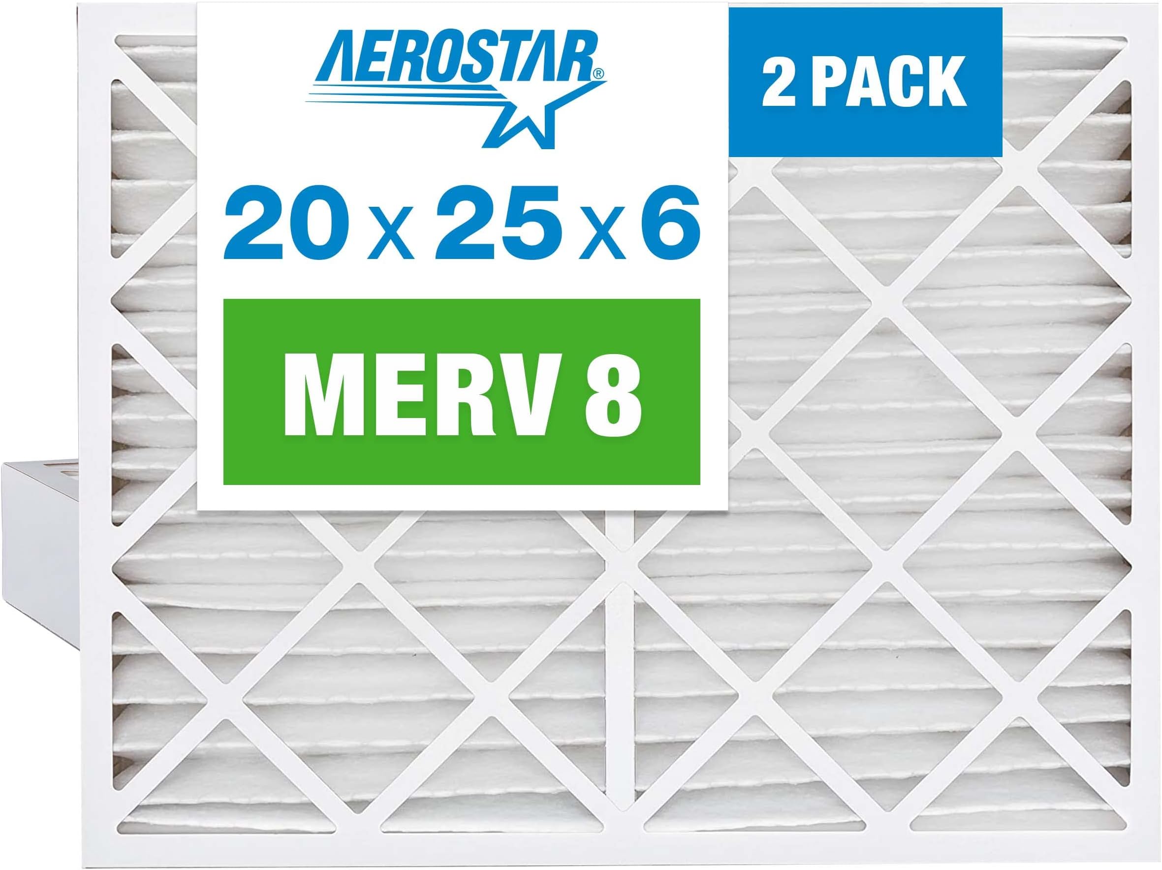 Aerostar20x25x6 MERV 8-2 Count - High Efficiency Pleated HVAC, Furnace & Air Conditioner Filters - Removes Dust, Lint, Mold & Allergy-Causing Pollen