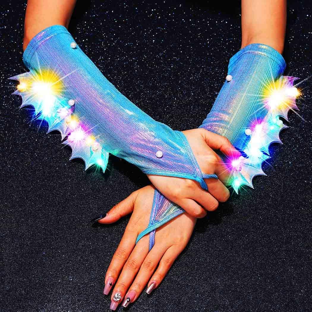 Light Up Fingerless Gloves Colorful Mermaid Elbow Length Gloves Rave Cosplay Costume Accessories for Women