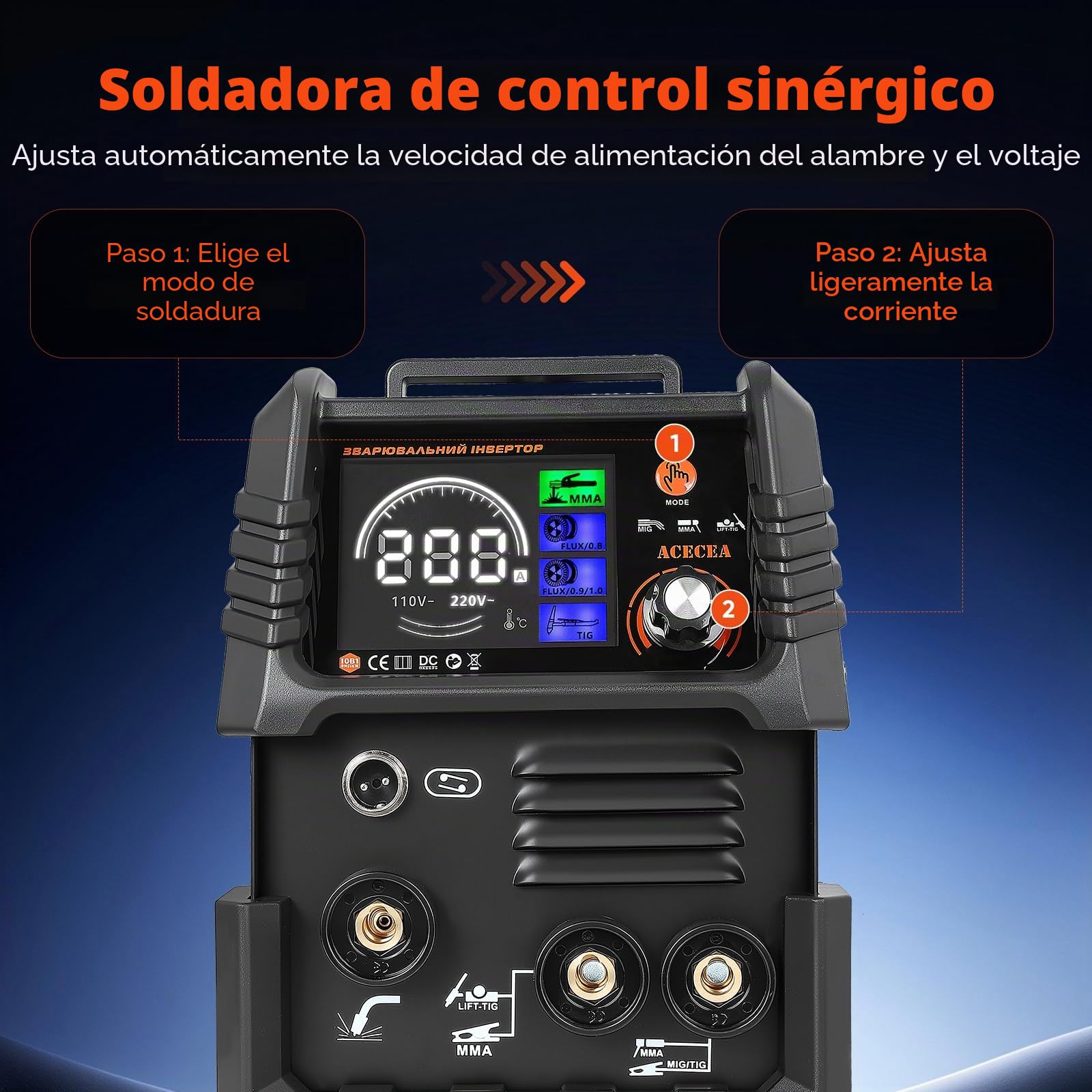 Soldador de Hilo sin Gas 120A 220V Máquina de Soldar 3 en 1 Multiproceso (FLUX, Lift-TIG, MMA/ARC) con Sinergia, Soldador Inverter IGBT Compacto para Profesionales y Aficionados