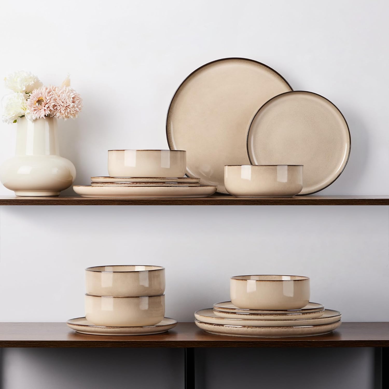 E-far 12-Piece Plates and Bowls Set, Stoneware Dinnerware Sets for 4, Reactive Glaze Ceramic Dinning Ware Dishes, Microwave & Dishwasher Safe - Sandy Beige