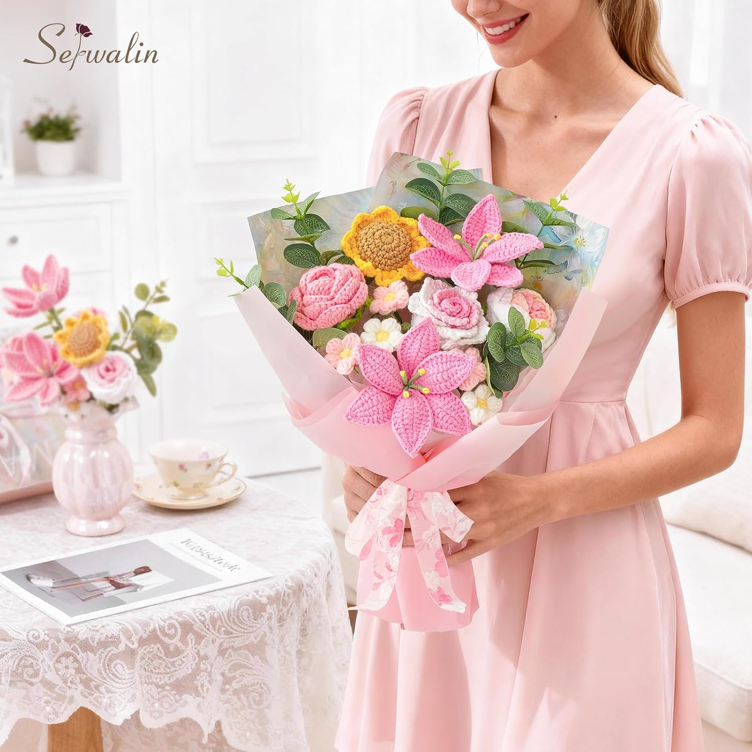 Serwalin Crochet Flower Bouquet, Pink Handmade Knitted Flowers, Lily Sunflower Roses Crochet Flowers for Lover Teacher Anniversary Birthday Mother's Day Graduation Gifts for Girlfriend (Include Card) - Image 5
