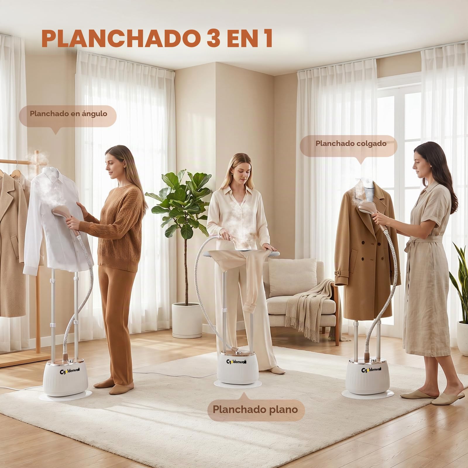 CGOLDENWALL Plancha de Vapor Vertical 1350W, Depósito 1.6L, 10 Niveles de Vapor (32g/min), 3-en-1 (Plana/Inclinada/Colgada), Altura Ajustable 99-165cm, Incluye Tabla y Guante