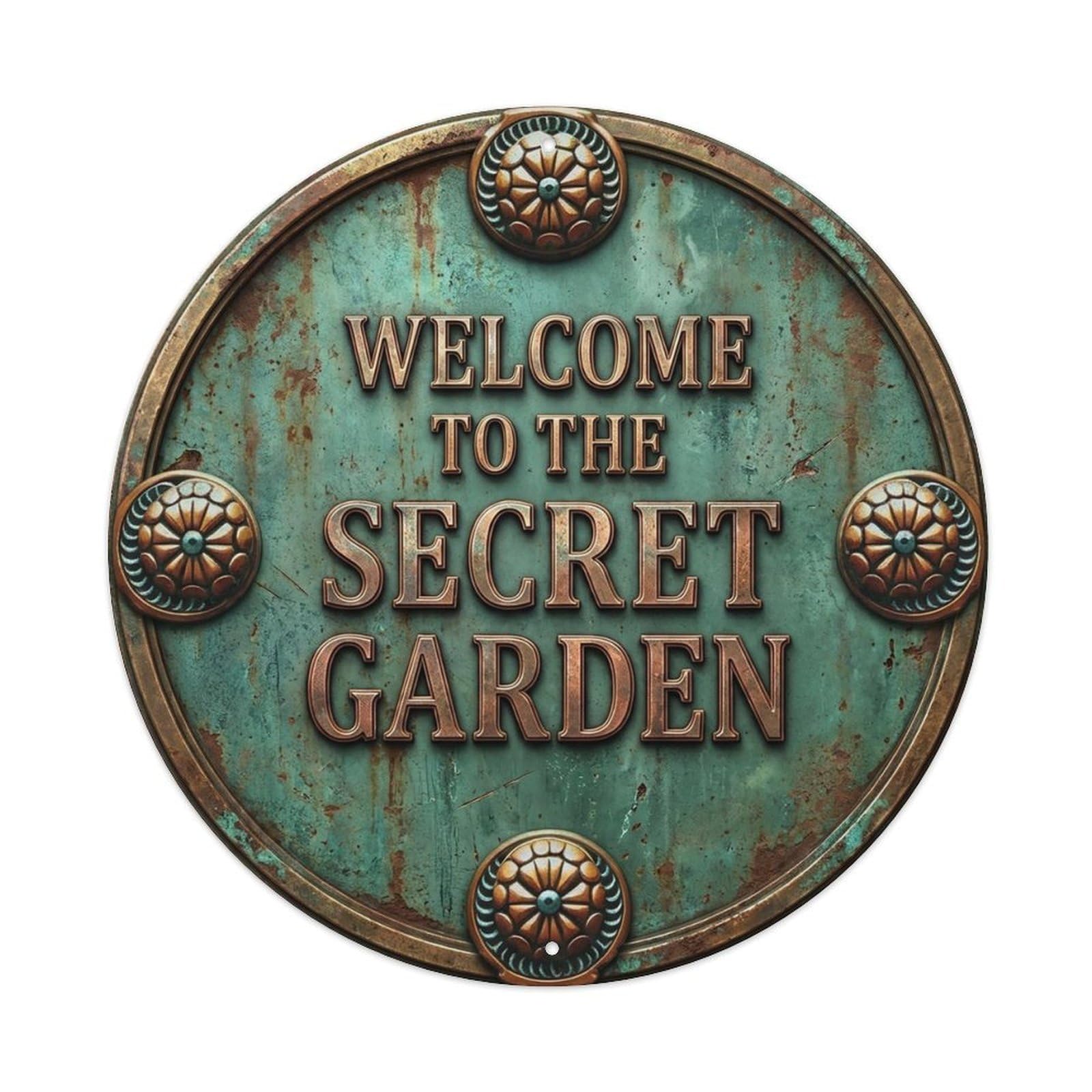Vintage Welcome Secret Garden Bronze Teal Rosette Metal Tin Sign