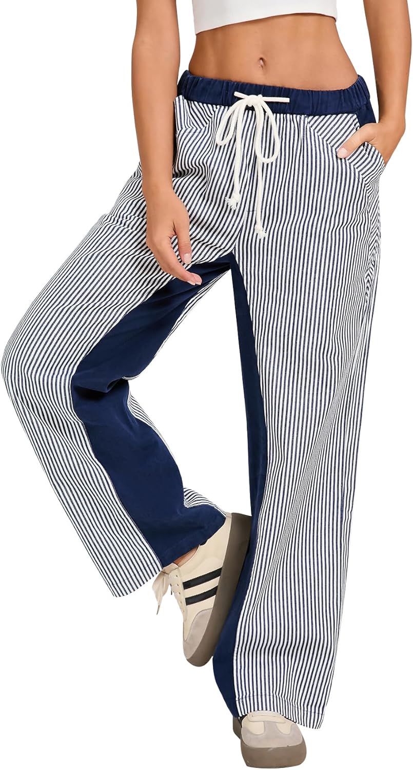 Kedera Women Stripe Straight Pants Pull On Drawstring Loose Baggy Pants Low Rise Boyfriend Boho Trousers 2025