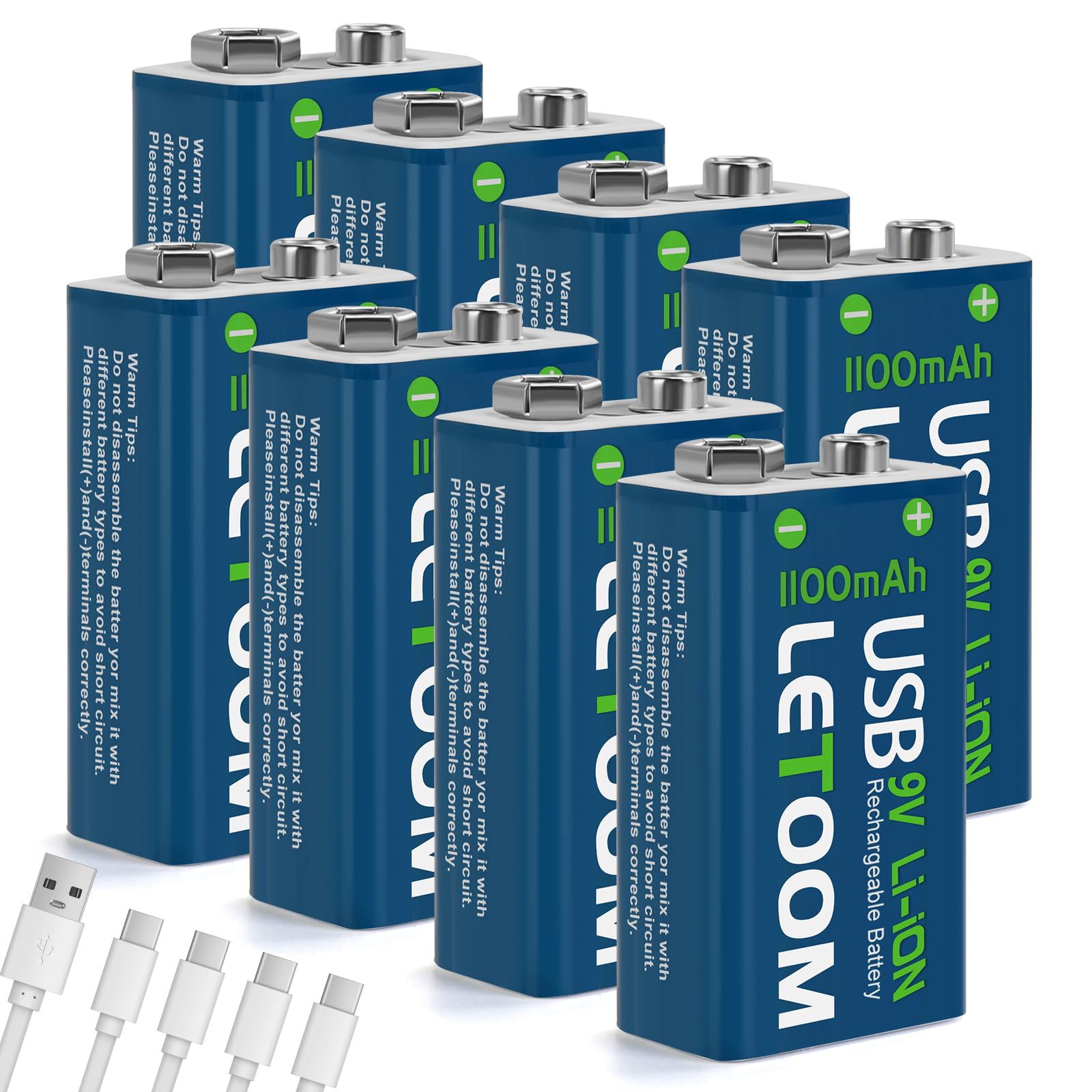 USB Rechargeable 9V Lithium Batteries, 1000mAh, Set for Smoke Detectors, Alarms, Toys, Flashlights (8 Pack)