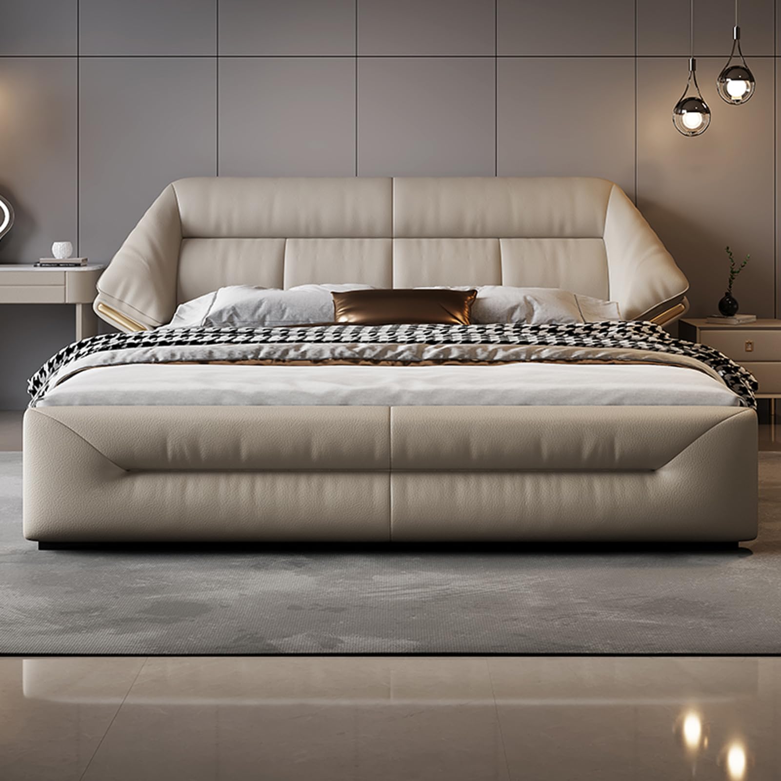 King Size Genuine Leather Wood Upholstered Platform Bed Frame with Headboard and Lift Up Storage Strong Wooden Slat