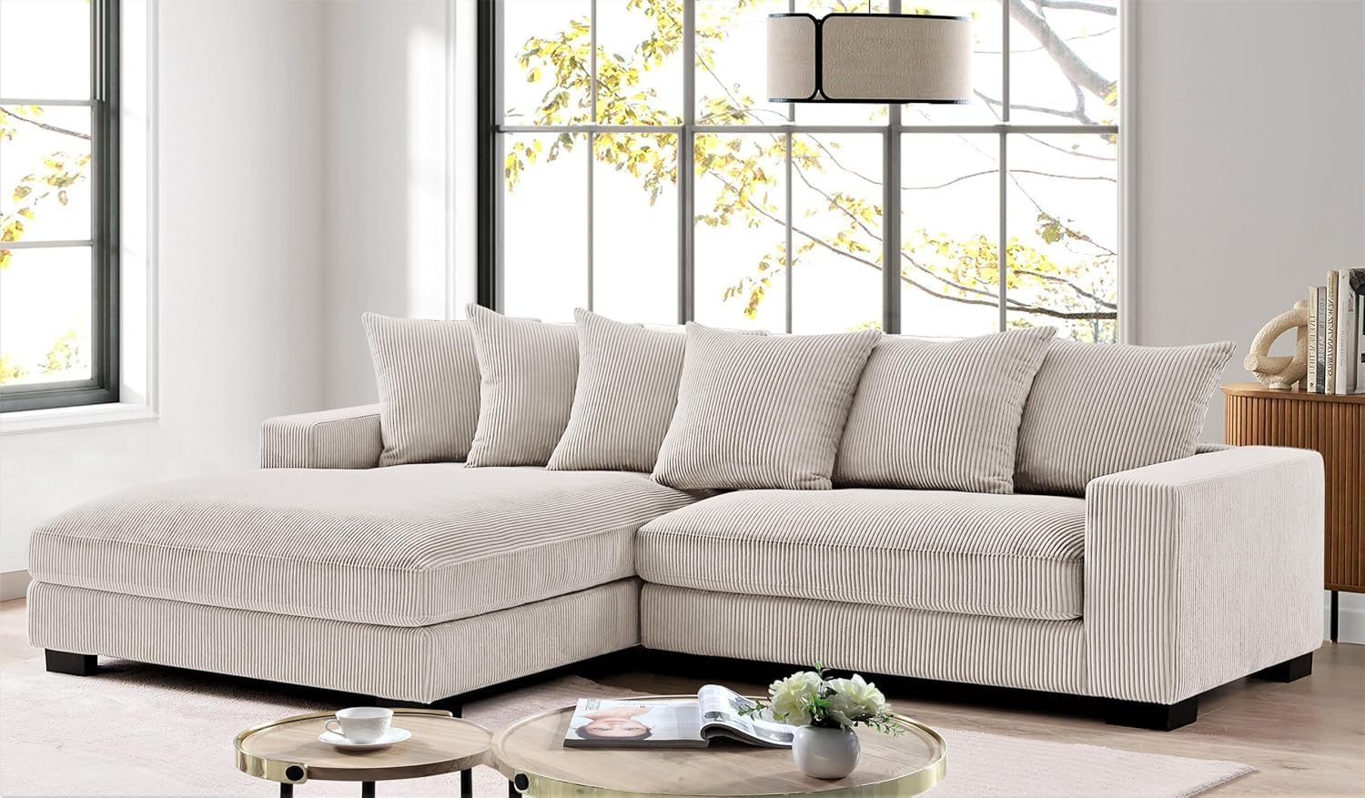 Elegance Grand L-Shaped Sectional Sofa with Chaise, Plush Corduroy Upholstery, 102.4" Luxury Couch for Living Room, Ivory - Left Facing