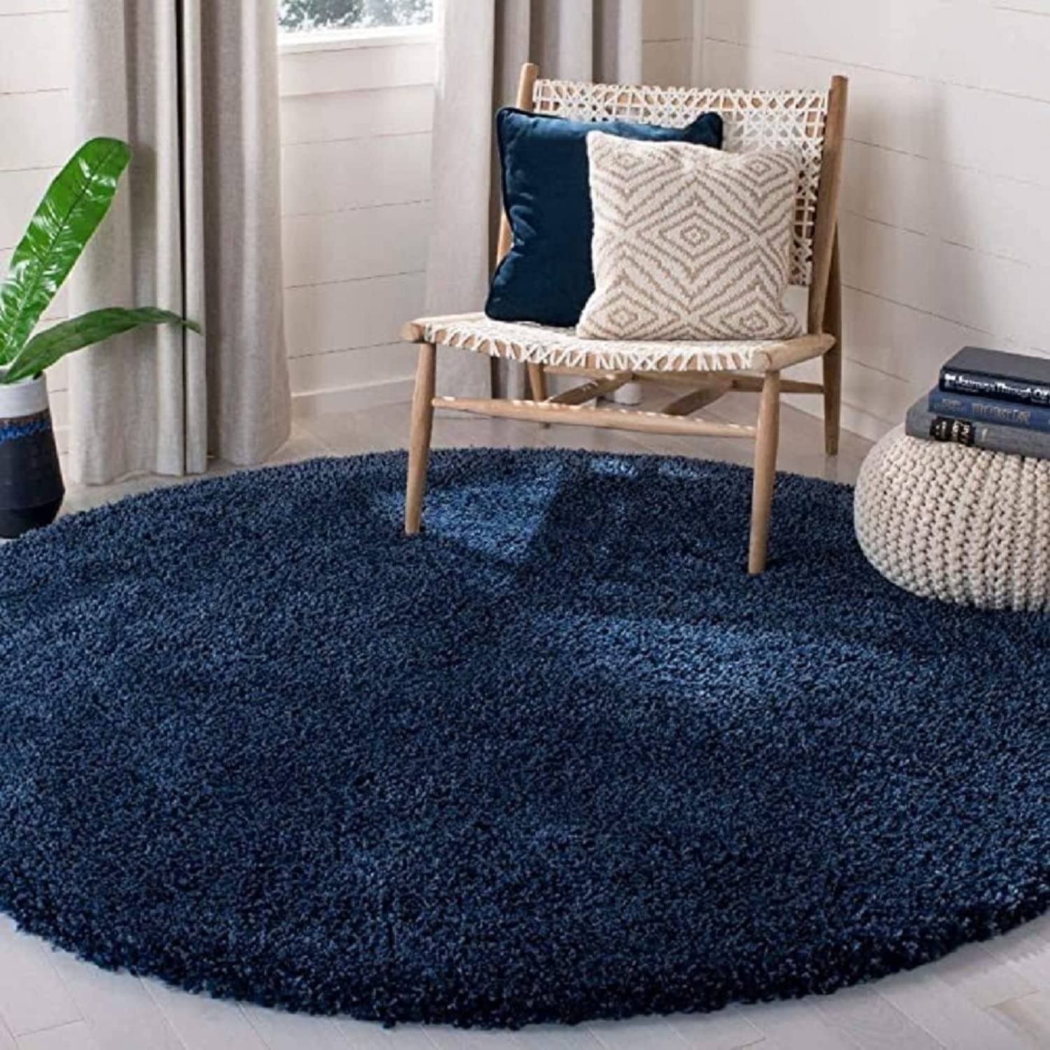 FR Creations Modern Polyester Anti Slip Round Shaggy Fluffy Fur Rug and Carpet for Living Room, Bedroom,Offices, Kitchens(5x5 Feet)-Blue
