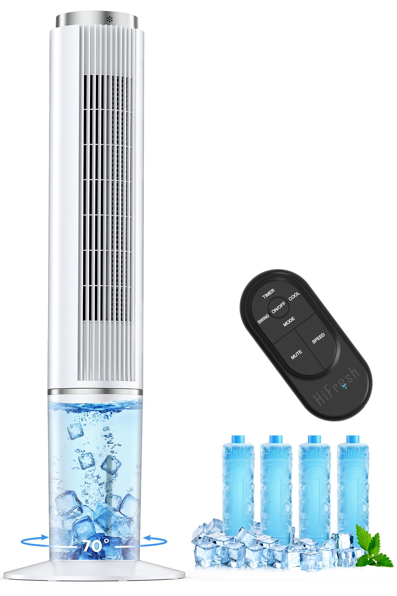 hifresh Personal Tower Fan for Home, 107CM Portable Fan, Touch & Remote Control, 4 Mode& 3 Speed, 26Ft Air Throw, 12H Timer, 4 Ice Packs, Auto Rotation, Low Power Consumption Tower Fan for Room