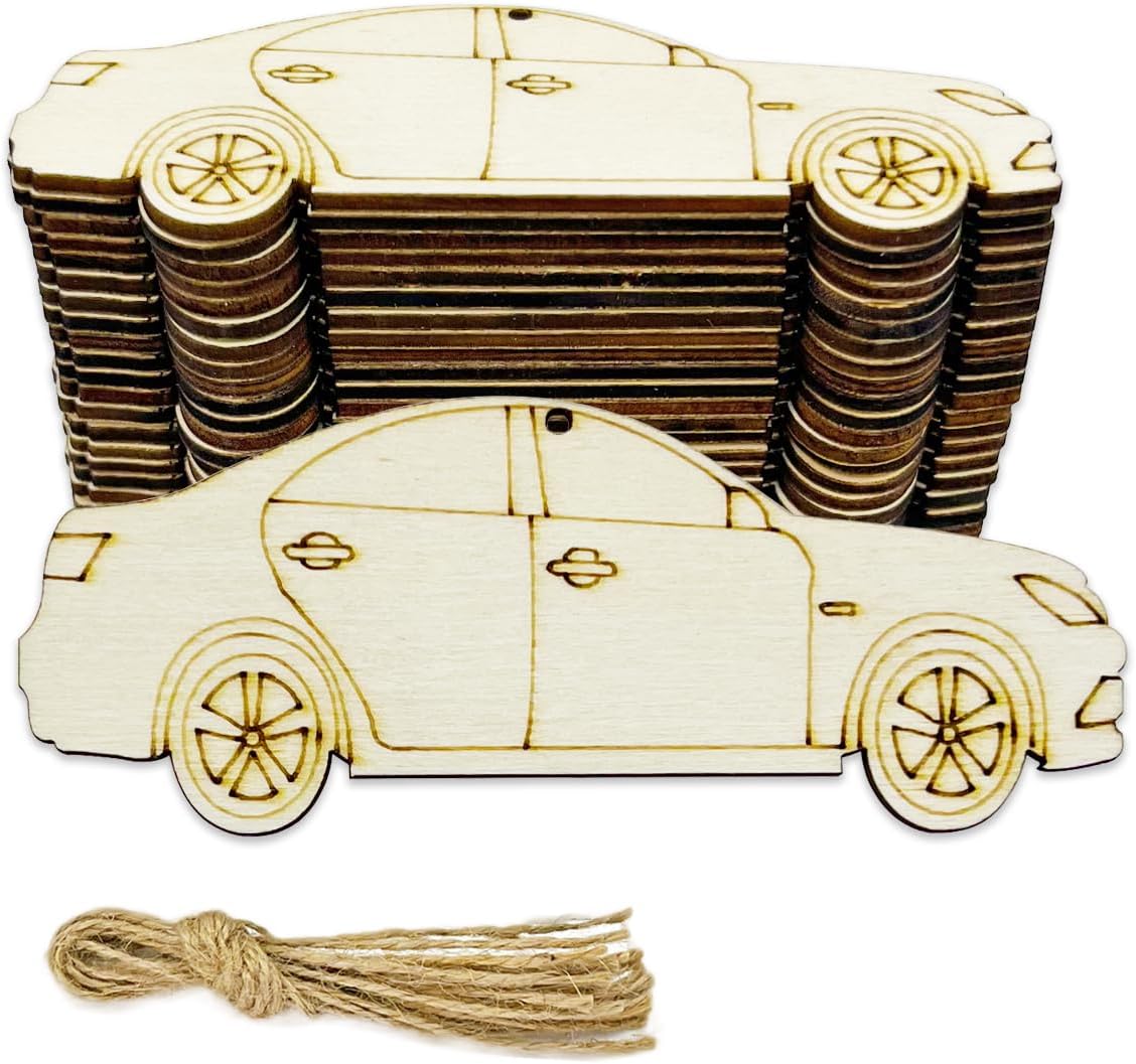 30pcs Unfinished Car Wood DIY Crafts Cutouts Wooden Car Shaped Hanging Ornaments with Hole Hemp Ropes Gift Tags for Home Party Decoration Craft Project
