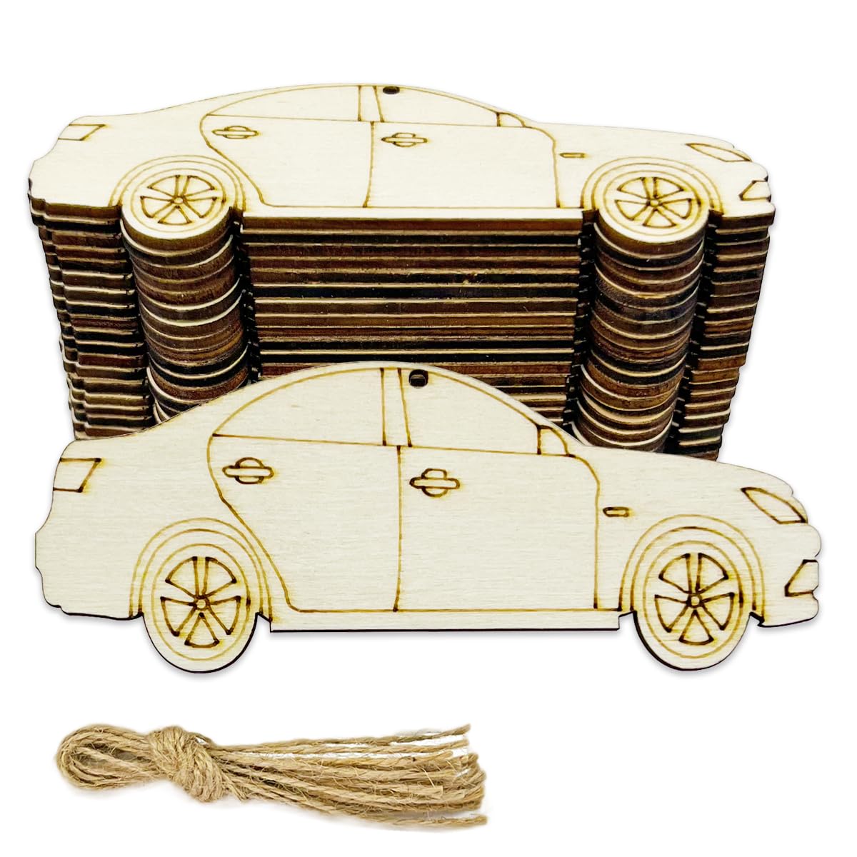 30pcs Unfinished Car Wood DIY Crafts Cutouts Wooden Car Shaped Hanging Ornaments with Hole Hemp Ropes Gift Tags for Home Party Decoration Craft Project