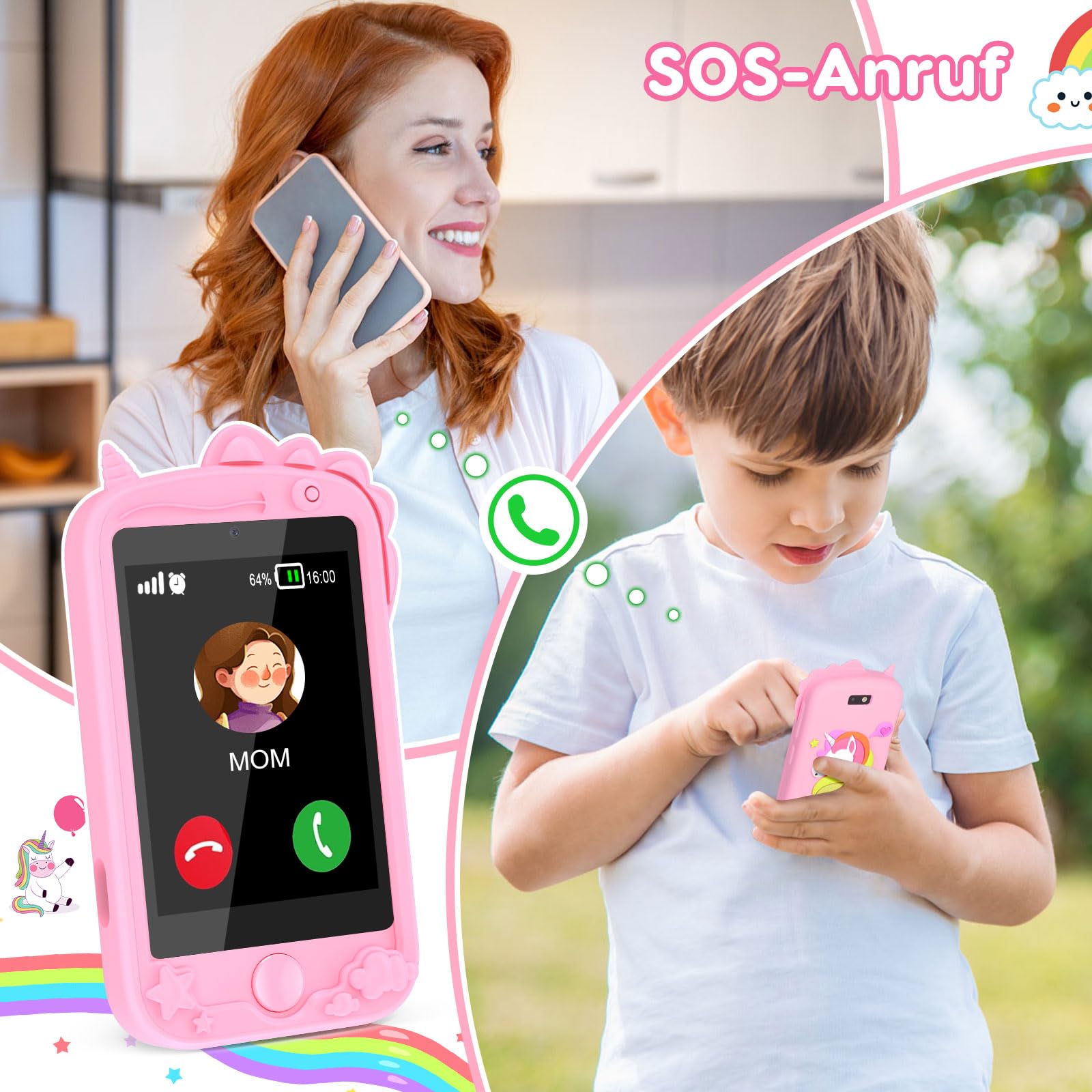 Kinder Handy, Kinder Kamera, Kinder Smartphone, Kinderhandy Spielzeug Mit Telefonkarte, Mit 28 Spiele Anruf SOS Kamera Musik Wecker. Einhorn-Geschenkspielzeug 3-9 Jahre Geschenke (Rosa)