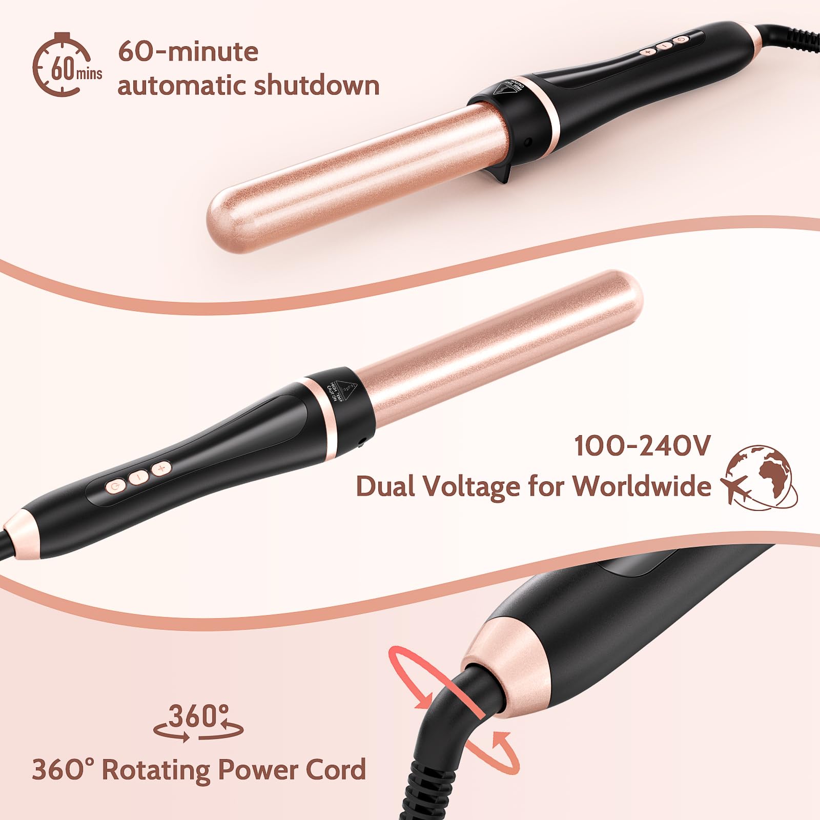 5 en 1 Fer à Friser Professionnel Chauffage Rapide Fer à Boucler Céramique avec Températures Réglable de 80-230 ℃ LCD Écran et Interchangeable 9-32 mm pour Créer de Grosses Vagues