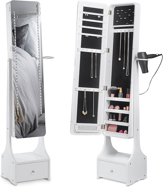 Beautify Storage Mirror, Full Length Free Standing Armoire, Tiltable Floor Mirror w/LED Lights, Earring, Ring & Necklace Hooks, Internal Shelves & Hairdryer Ring, Easy to Assemble Jewellery Storage