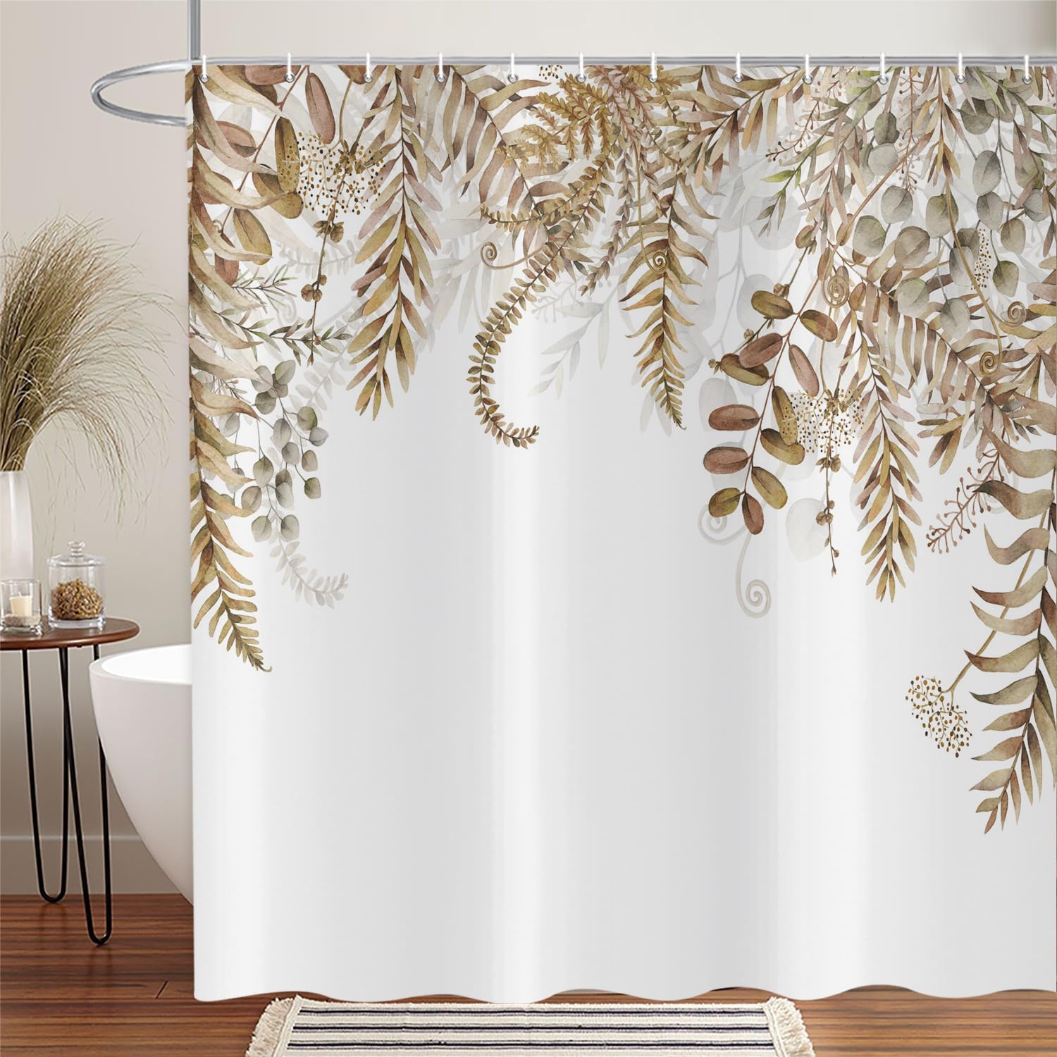 Rideau de douche 200x180 marron feuilles eucalyptus plantes bain avec 14 crochets
