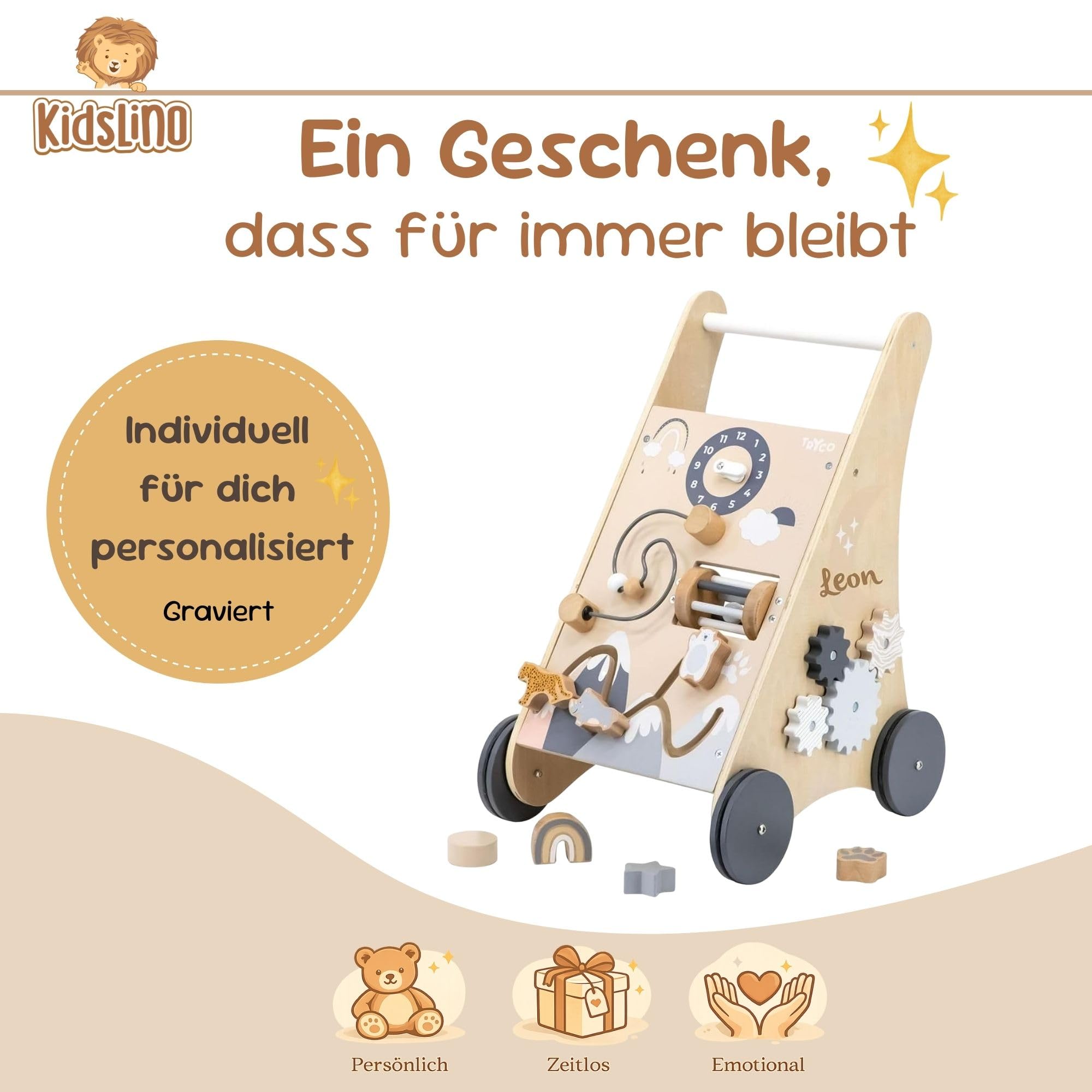 Personalisierter Lauflernwagen aus Holz mit Name – Sicherer Baby Schiebewagen für erste Schritte – Lauflernhilfe mit Bremse & Motorikspiel – Geschenk zum 1. Geburtstag für Mädchen & Jungen
