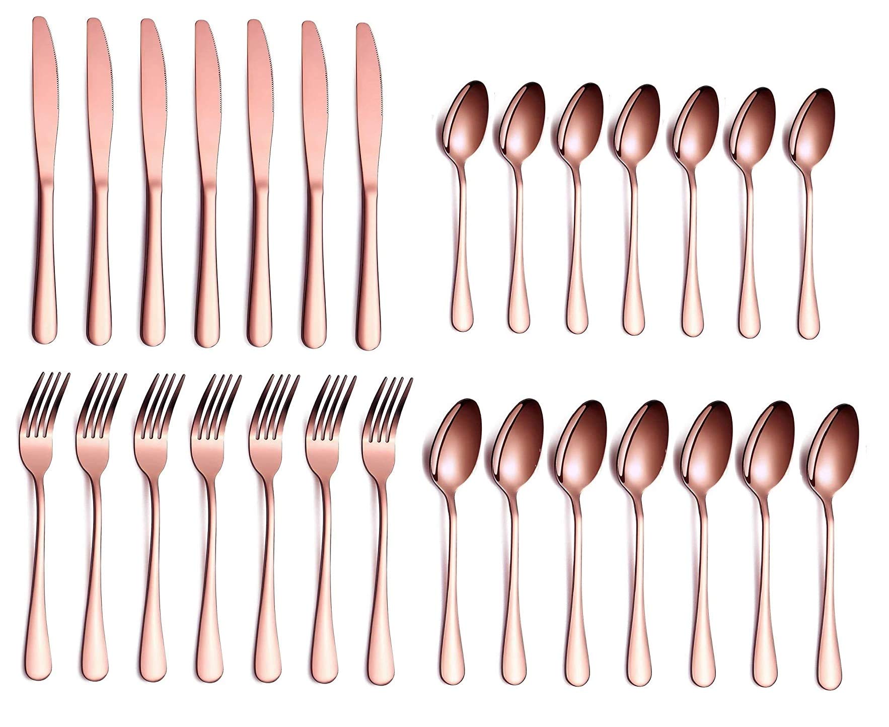 Ginoya Brothers - Luxury Rose-Gold Metal Finish Spoon Set of 7 for Dine Copper Cutlery Spoon Set Long Handle for Iced Tea Spoon Set,Butter Knife,Tea Spoon,Dessert Salad Fork (28) (B08SKX6YDB) Amazon Price History, Amazon Price Tracker