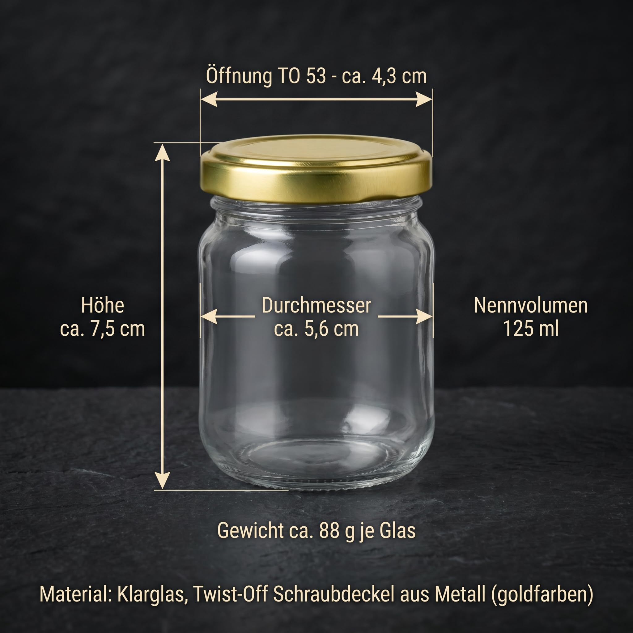 gouveo set da 25 barattoli per conserve rotondi (0,125 l) con chiusura Twist-Off TO 53 coperchi in metallo color oro vasetti piccoli per marmellata miele spezie dessert (HEG125G)