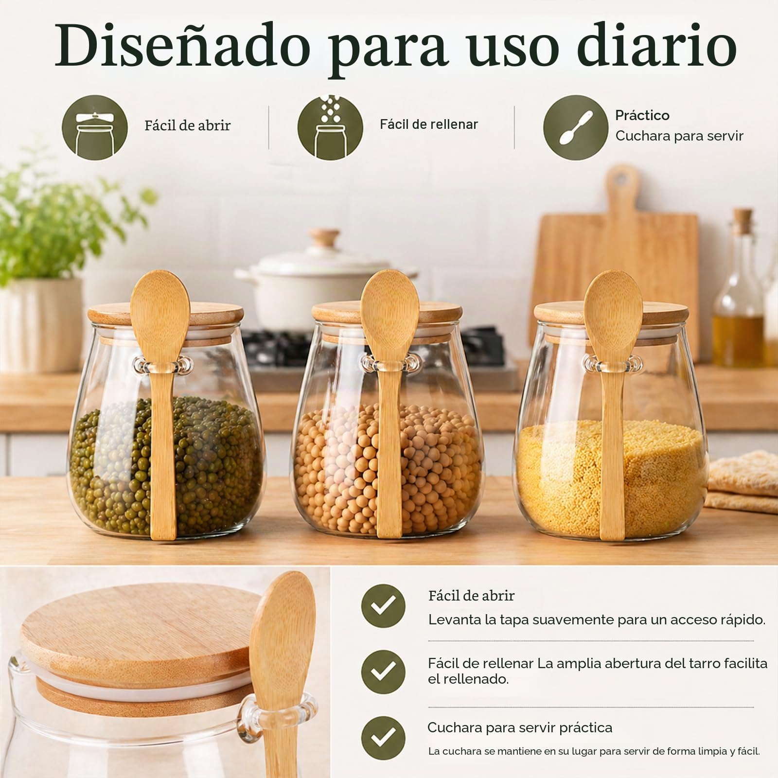 Tarros de Cristal con Tapa de Bambú y Cuchara, Set de 3 Botes Herméticos 350ml 600ml 1000ml, Recipientes de Almacenamiento para Cocina Café Té Azúcar Especias
