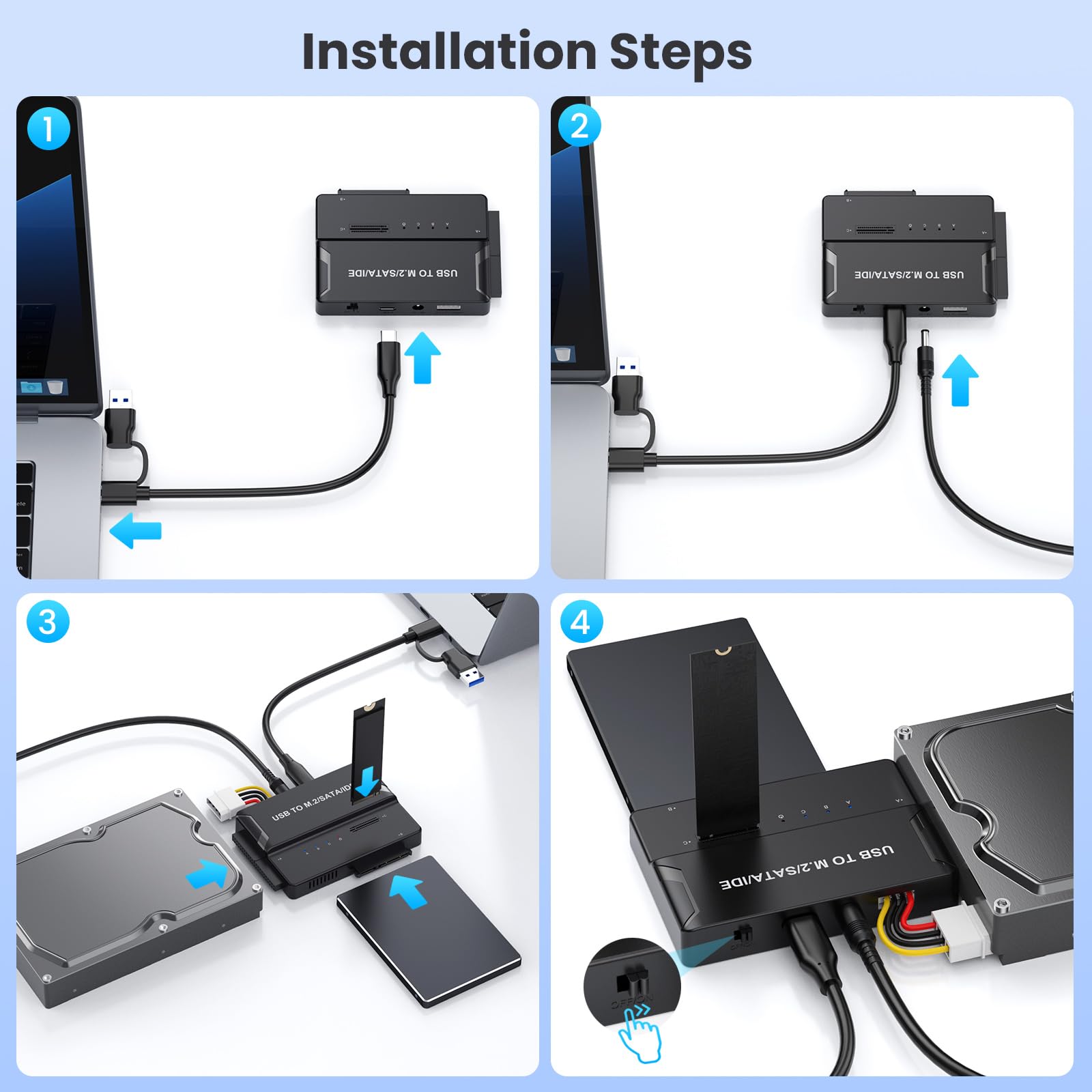 Enclosure universale 3 in 1 per disco rigido, adattatore USB 3.2 10Gbps Type-C per NVMe M.2 (2230-2280), HDD SATA e IDE da 2,5"/3,5", lettore SSD esterno per unità IDE da 3,5"