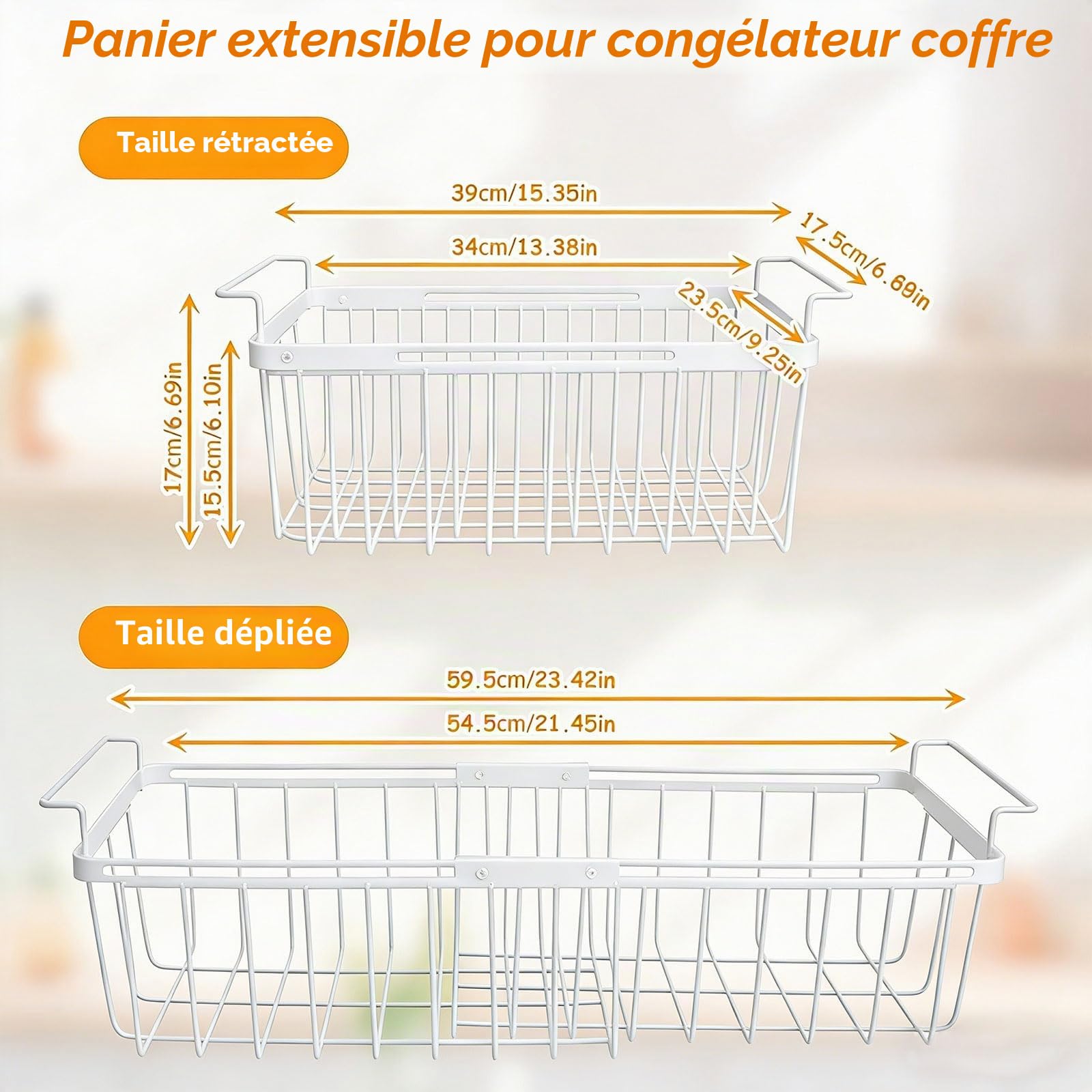 BigKing 2 PCS panier congelateur coffre extensible, organiseurs congélateur | extensible, longueur réglable de 39 à 59,5 cm, panier pour congélateur avec poignées, panier de rangement peu encombrant