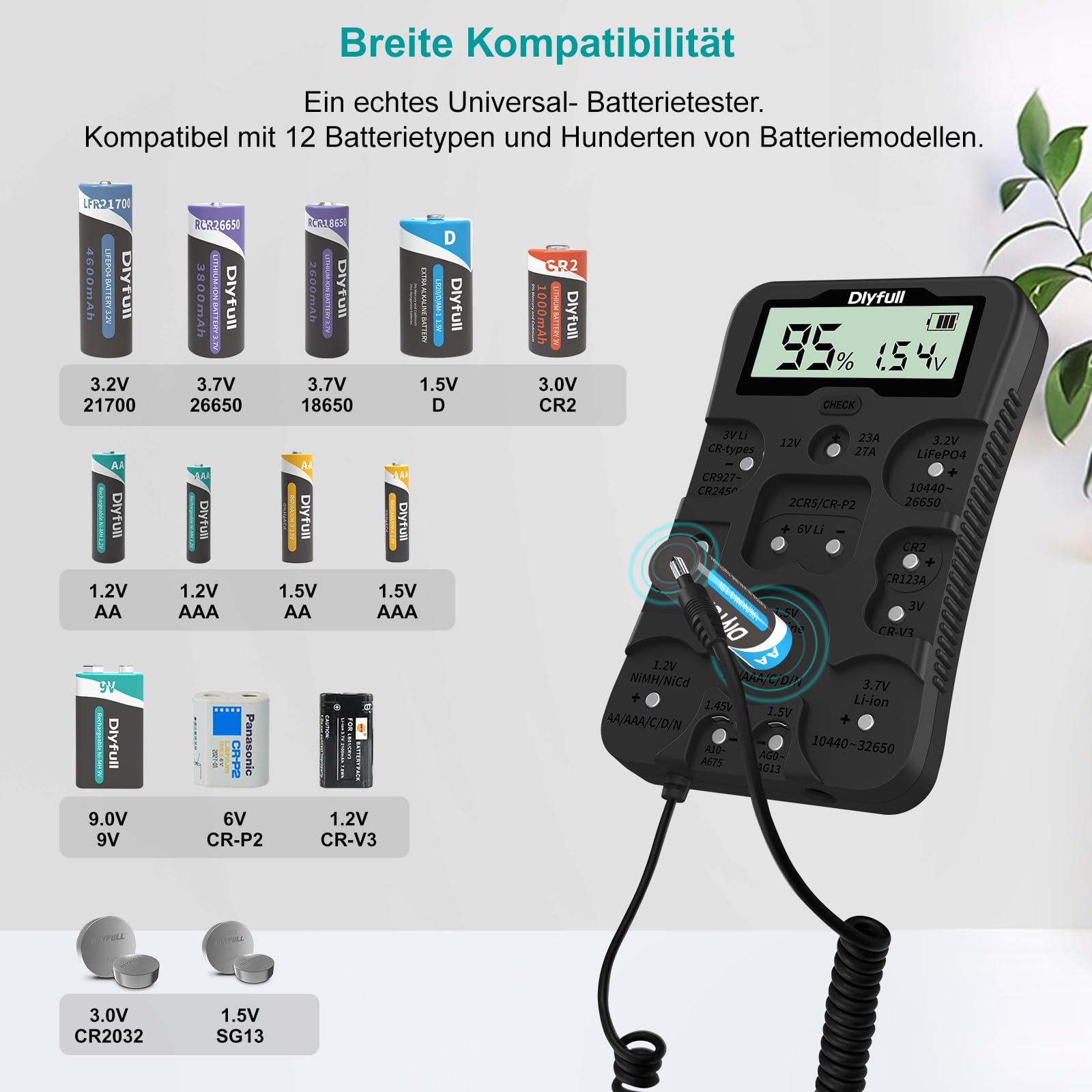 Dlyfull Tester Universale per Batterie AAA AA C D 9V CR123A CR2032 Display LCD 1,5V 3V