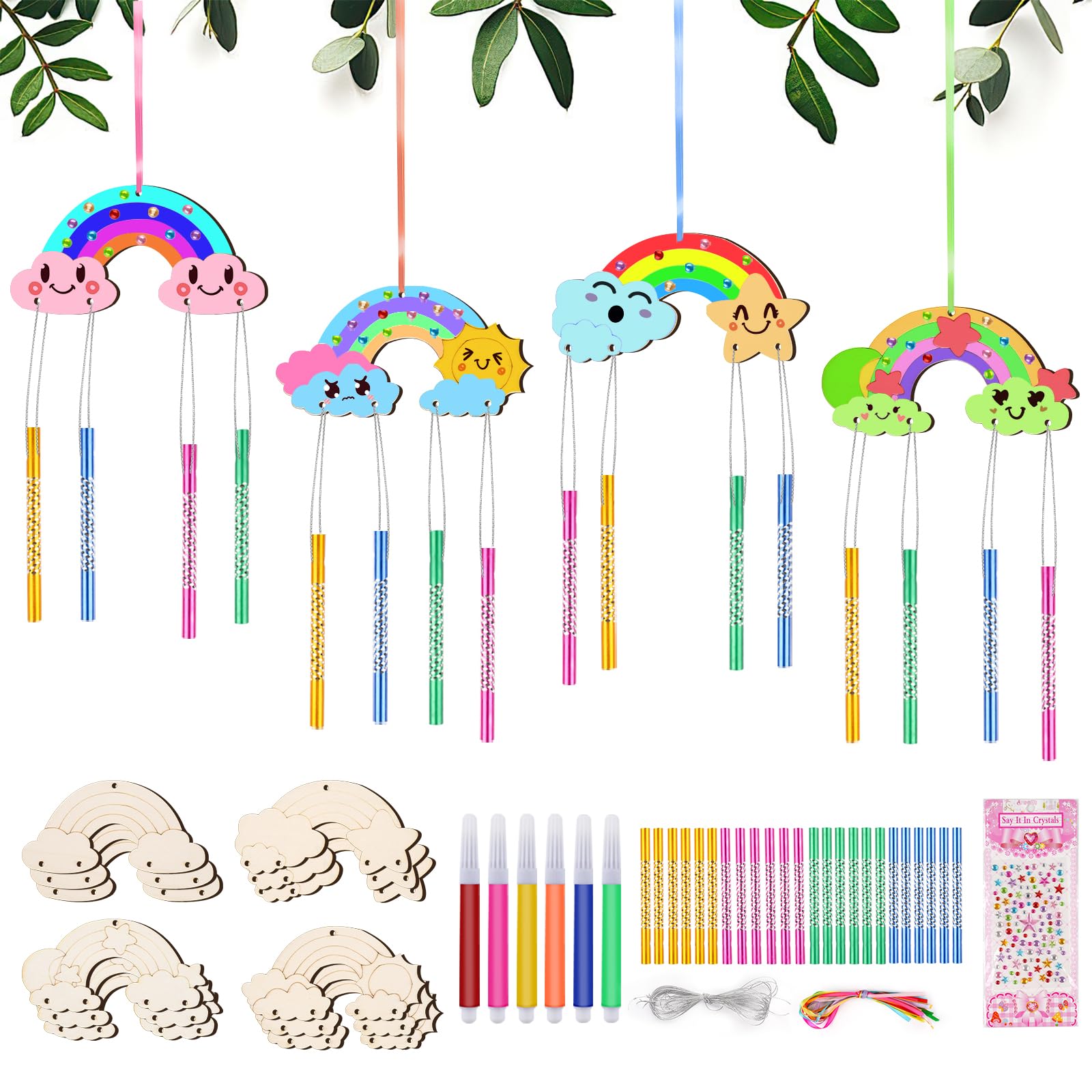 Moosono DIY Windspiel Bastelset Kinder DIY Holzanhänger Bastelset Holz Basteln Kindergeburtstag Geschenke Kreativsets Klangspiele für Frühling für Mädchen Jungen (Regenbogen)