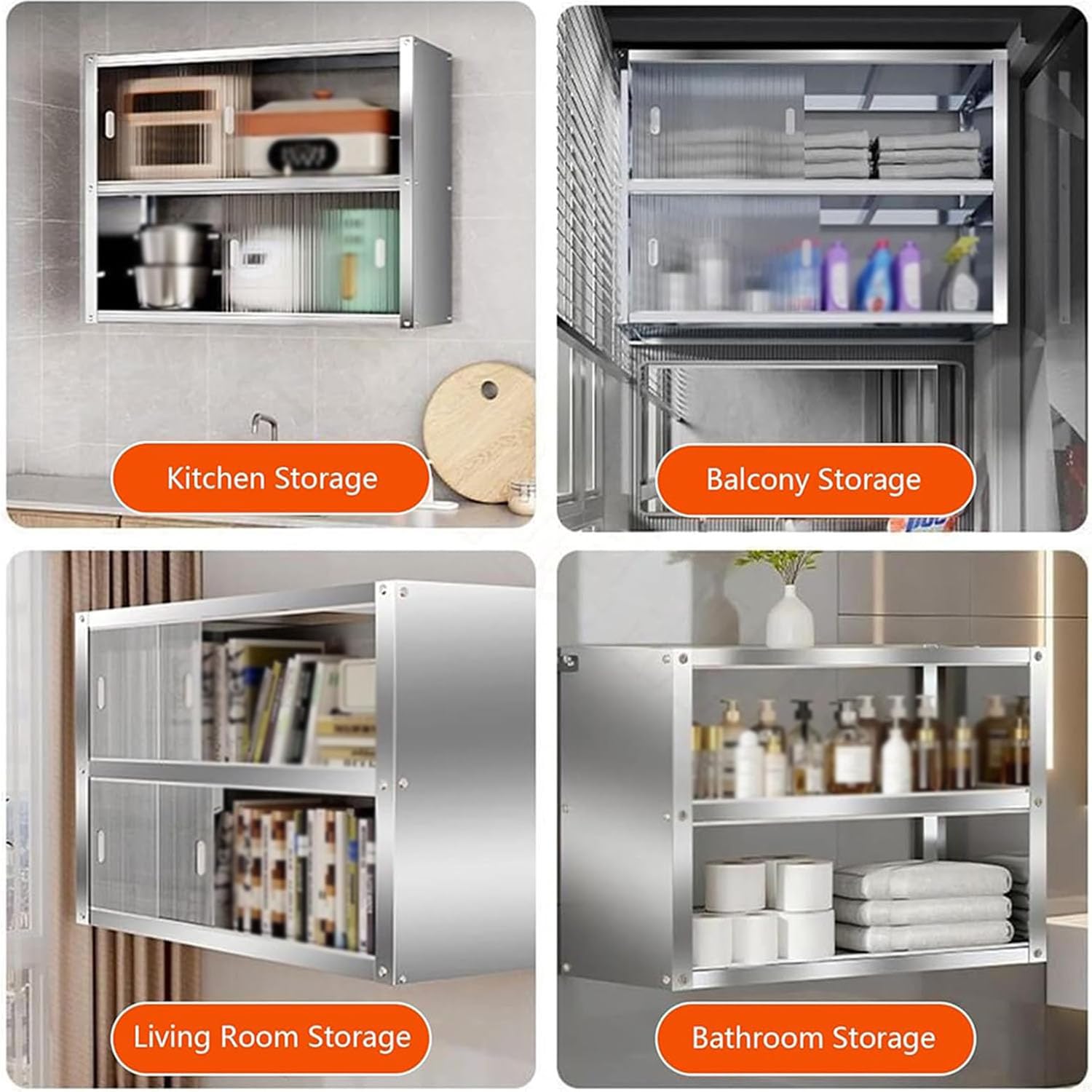 Pensili Cucina Sospesi in Acciaio Inox con Ante Scorrevoli Mobile Pensile da Parete per Cucina Armadietto di Stoccaggio Murale per Cucina Bagno Ufficio,01,60x30x40cm