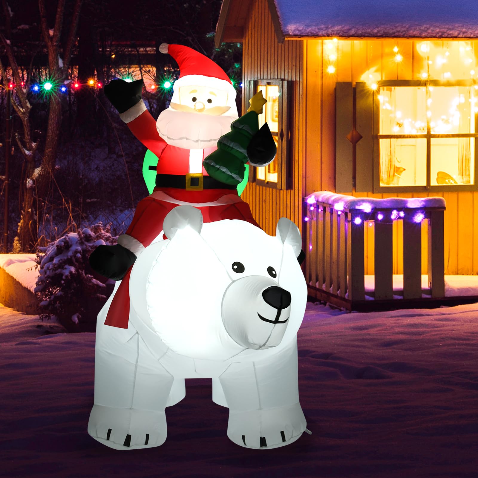 SOARS aufblasbarer Weihnachtsmann auf Eisbär, Weihnachten Eisbär mit wackelndem Kopf, LED, Weihnachtsdeko aussen XXL, Weihnachtsfigur, Weihnachtsbeleuchtung, 200 x 87,5 x 175cm