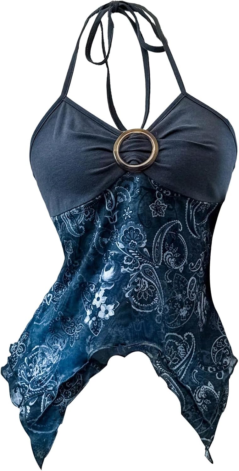 Milumia Women's Y2k Paisley Tie Halter V Neck Mesh Babydoll Going Out Tops image 5