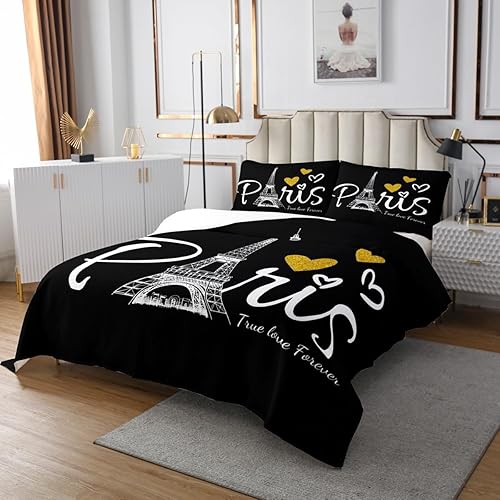 Miniatura 3 de Juego de colcha de la Torre Eiffel de París, juego de colcha de lentejuelas doradas, juego de edredón romántico francés con corazones encantadores,