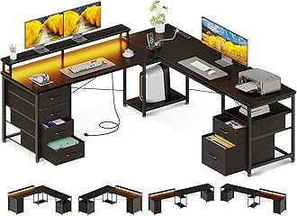 AODK 66" L Shaped Computer Desk, 113“ Reversible Home Office Desk with File Cabinet & 4 Fabric Drawers, Two Person Desk with LED Lights & Power Outlet, Corner Gaming Desk with Monitor Shelf, Black